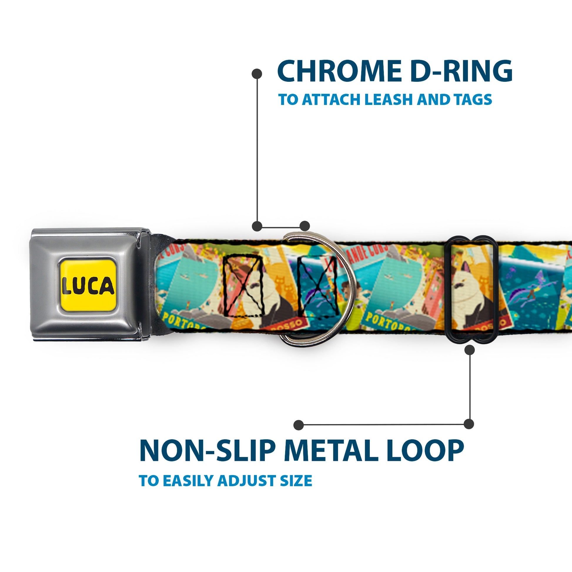 LUCA Logo Full Color Yellow/Black Seatbelt Buckle Collar - Luca The Piazza Poster Collage Stacked Seatbelt Buckle Collars Disney