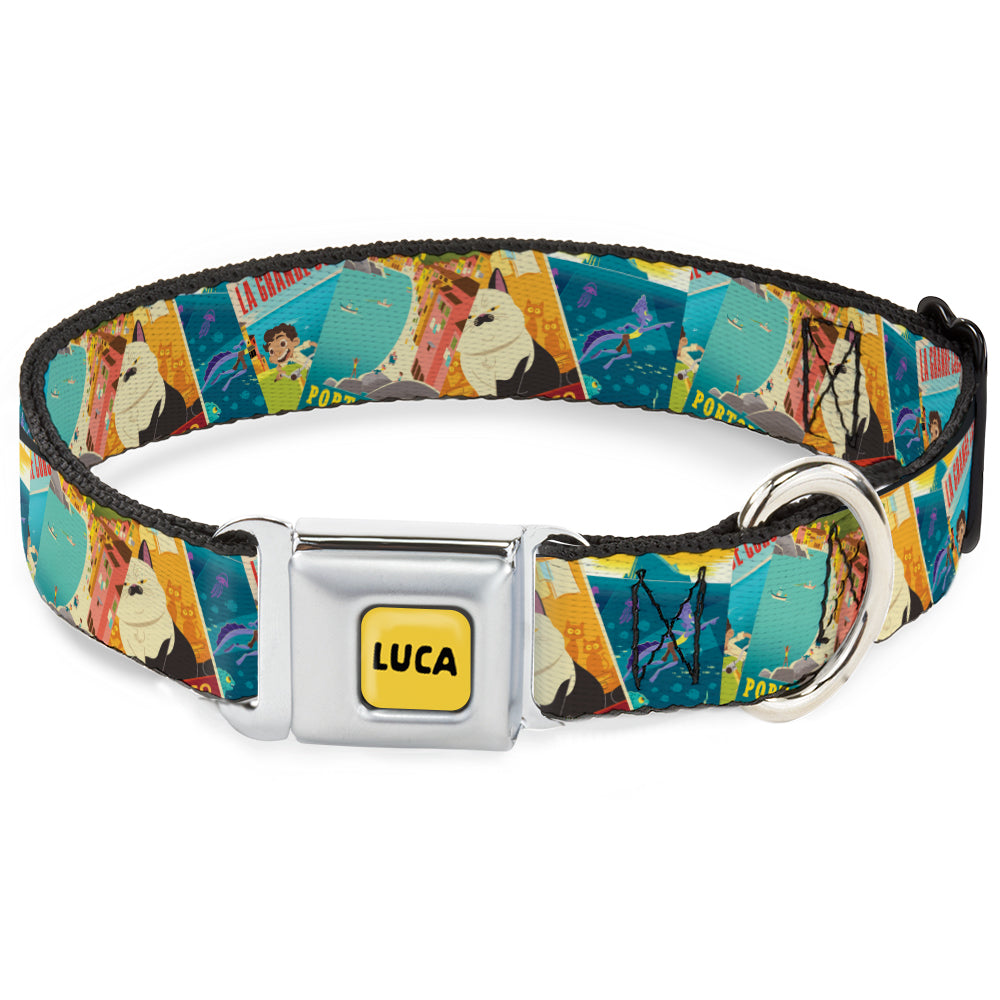LUCA Logo Full Color Yellow/Black Seatbelt Buckle Collar - Luca The Piazza Poster Collage Stacked Seatbelt Buckle Collars Disney