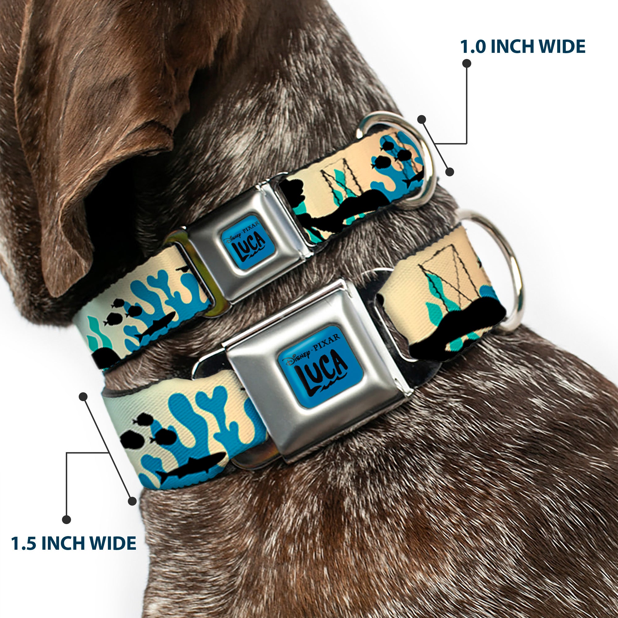 LUCA Logo Full Color Turquoise/Black Seatbelt Buckle Collar - Luca and Alberto Sea Monsters Underwater Silhouette Ombre/Black Seatbelt Buckle Collars Disney