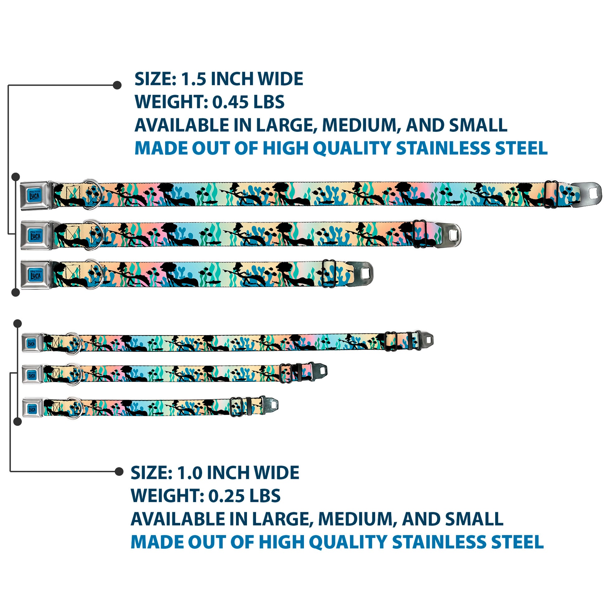 LUCA Logo Full Color Turquoise/Black Seatbelt Buckle Collar - Luca and Alberto Sea Monsters Underwater Silhouette Ombre/Black Seatbelt Buckle Collars Disney