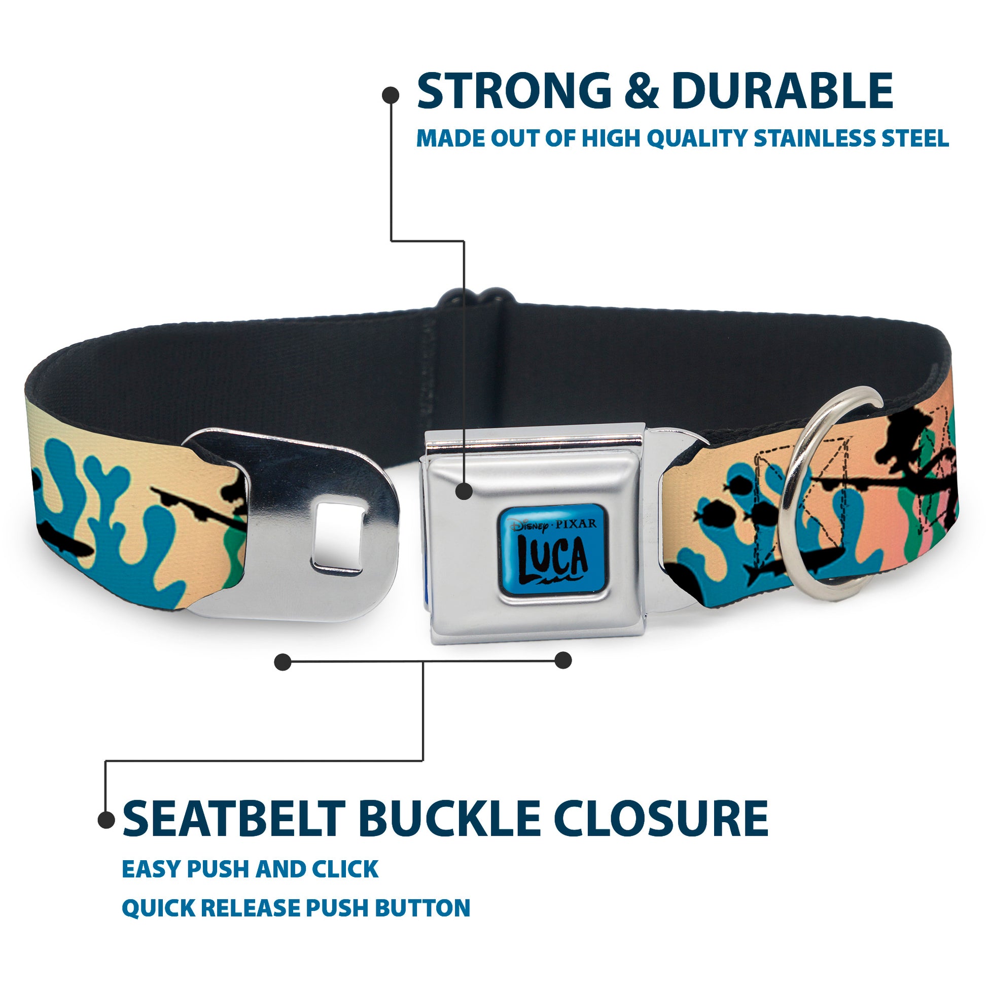 LUCA Logo Full Color Turquoise/Black Seatbelt Buckle Collar - Luca and Alberto Sea Monsters Underwater Silhouette Ombre/Black Seatbelt Buckle Collars Disney