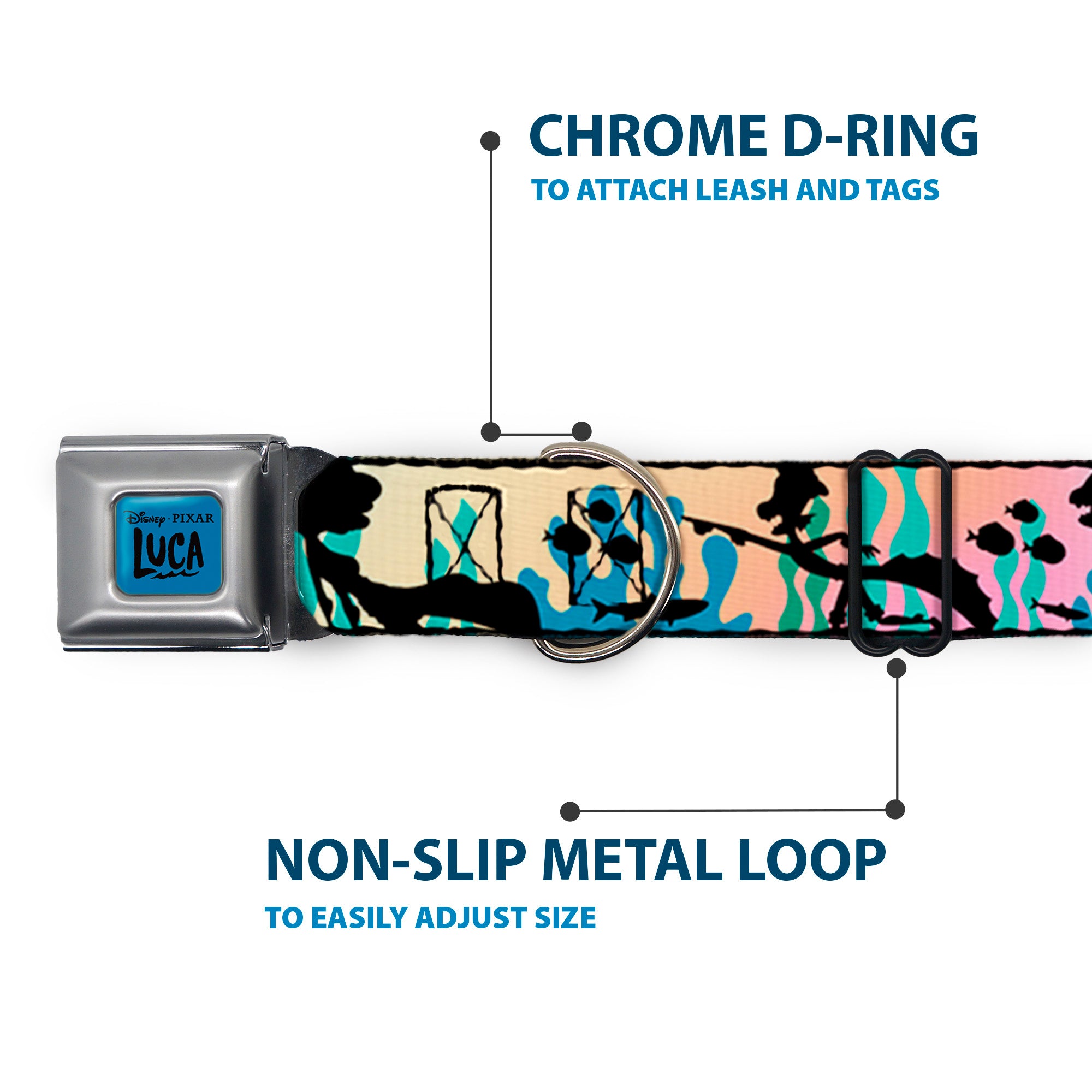 LUCA Logo Full Color Turquoise/Black Seatbelt Buckle Collar - Luca and Alberto Sea Monsters Underwater Silhouette Ombre/Black Seatbelt Buckle Collars Disney