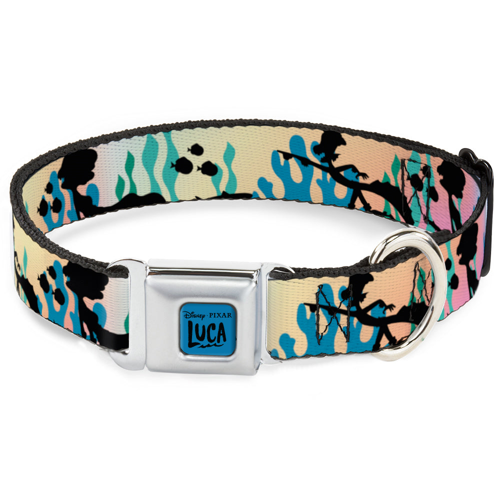 LUCA Logo Full Color Turquoise/Black Seatbelt Buckle Collar - Luca and Alberto Sea Monsters Underwater Silhouette Ombre/Black Seatbelt Buckle Collars Disney