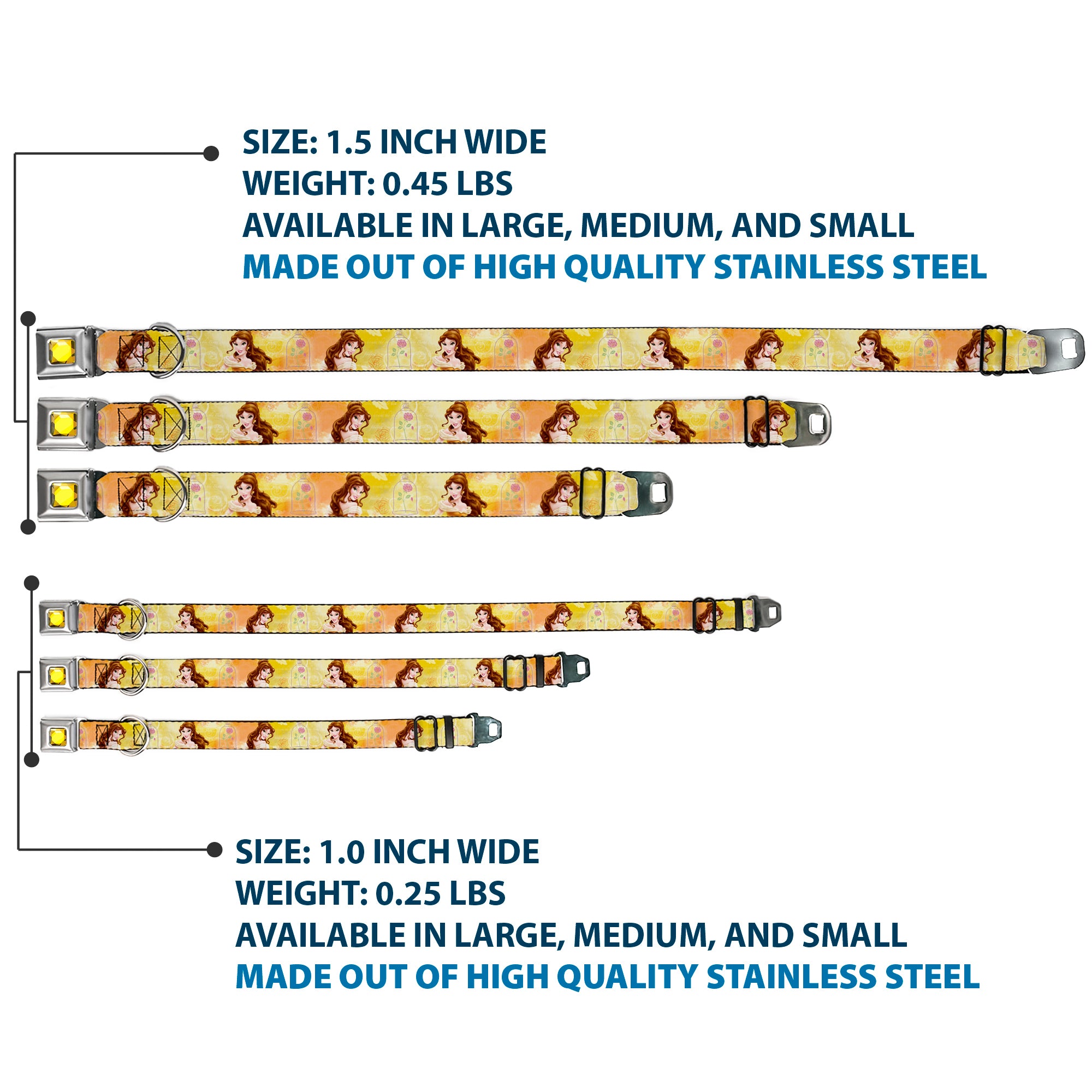 Princess Gem CLOSE-UP Full Color Yellow Seatbelt Buckle Collar - Belle Poses/Enchanted Rose/Story Script Yellow/Pinks Seatbelt Buckle Collars Disney