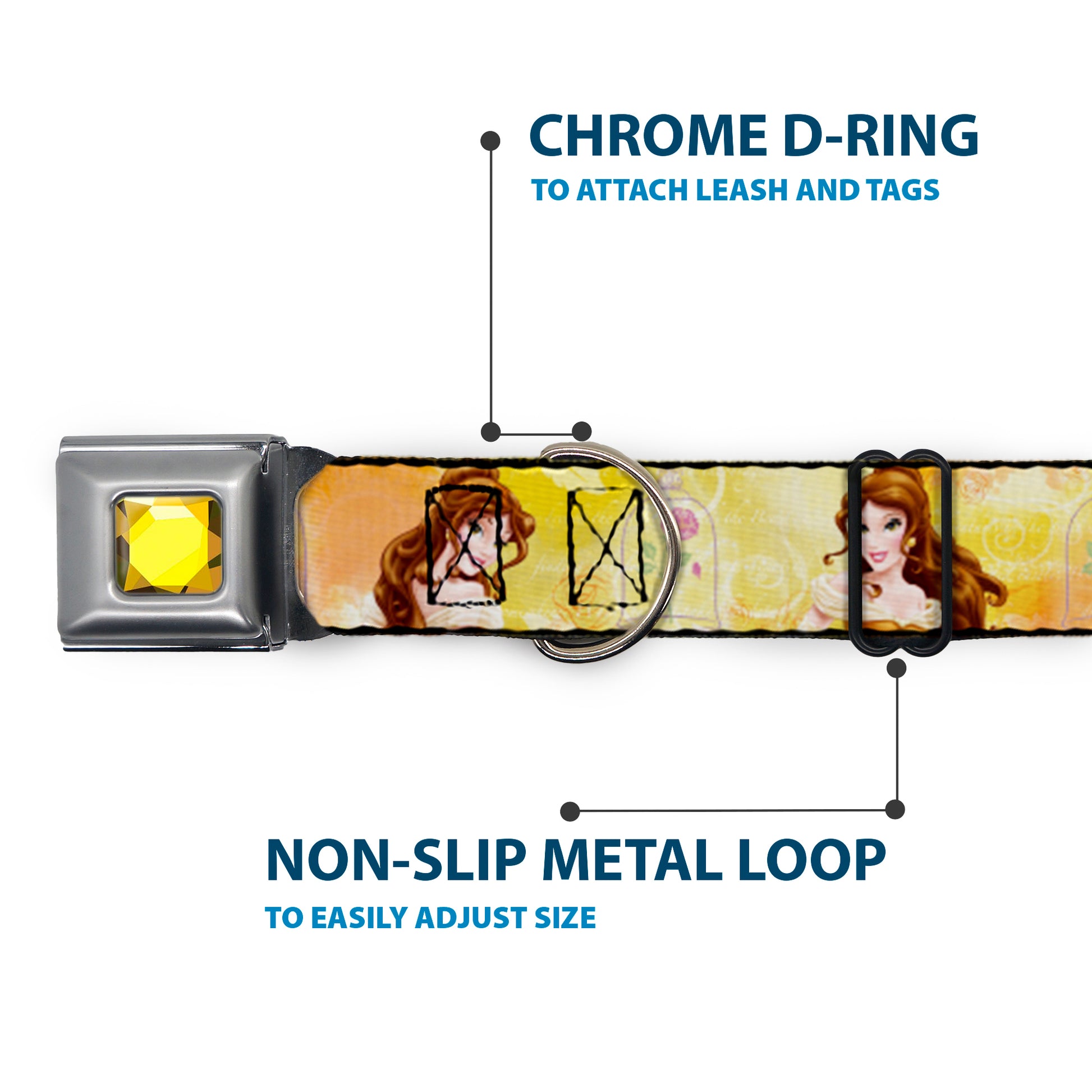 Princess Gem CLOSE-UP Full Color Yellow Seatbelt Buckle Collar - Belle Poses/Enchanted Rose/Story Script Yellow/Pinks Seatbelt Buckle Collars Disney