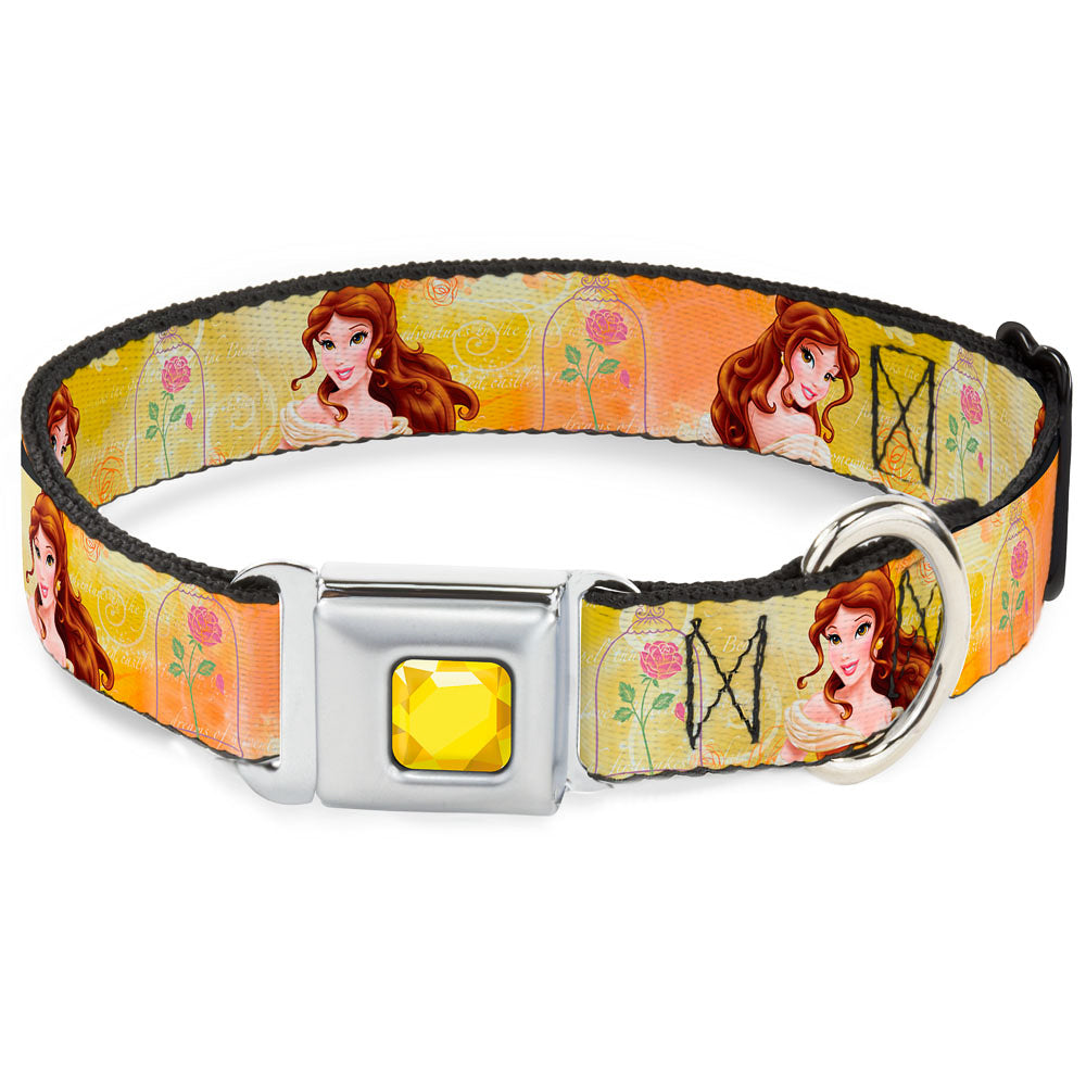 Princess Gem CLOSE-UP Full Color Yellow Seatbelt Buckle Collar - Belle Poses/Enchanted Rose/Story Script Yellow/Pinks Seatbelt Buckle Collars Disney