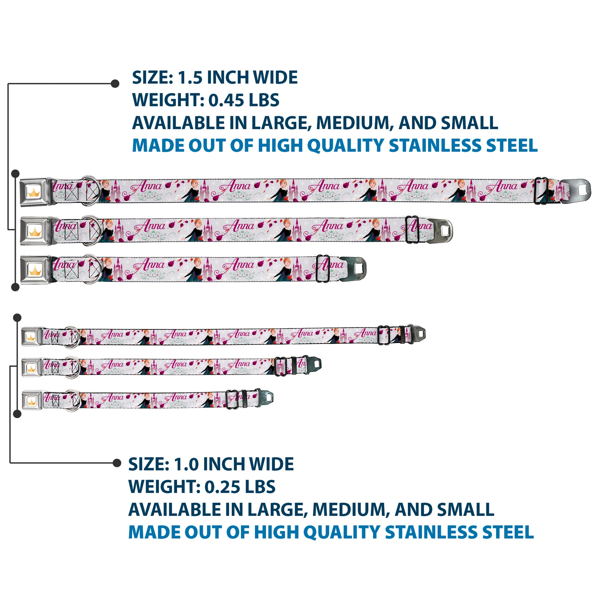 Disney Princess Crown Full Color Golds Seatbelt Buckle Collar - Frozen Anna Castle Pose with Flowers and Script Grays/Pinks Seatbelt Buckle Collars Disney