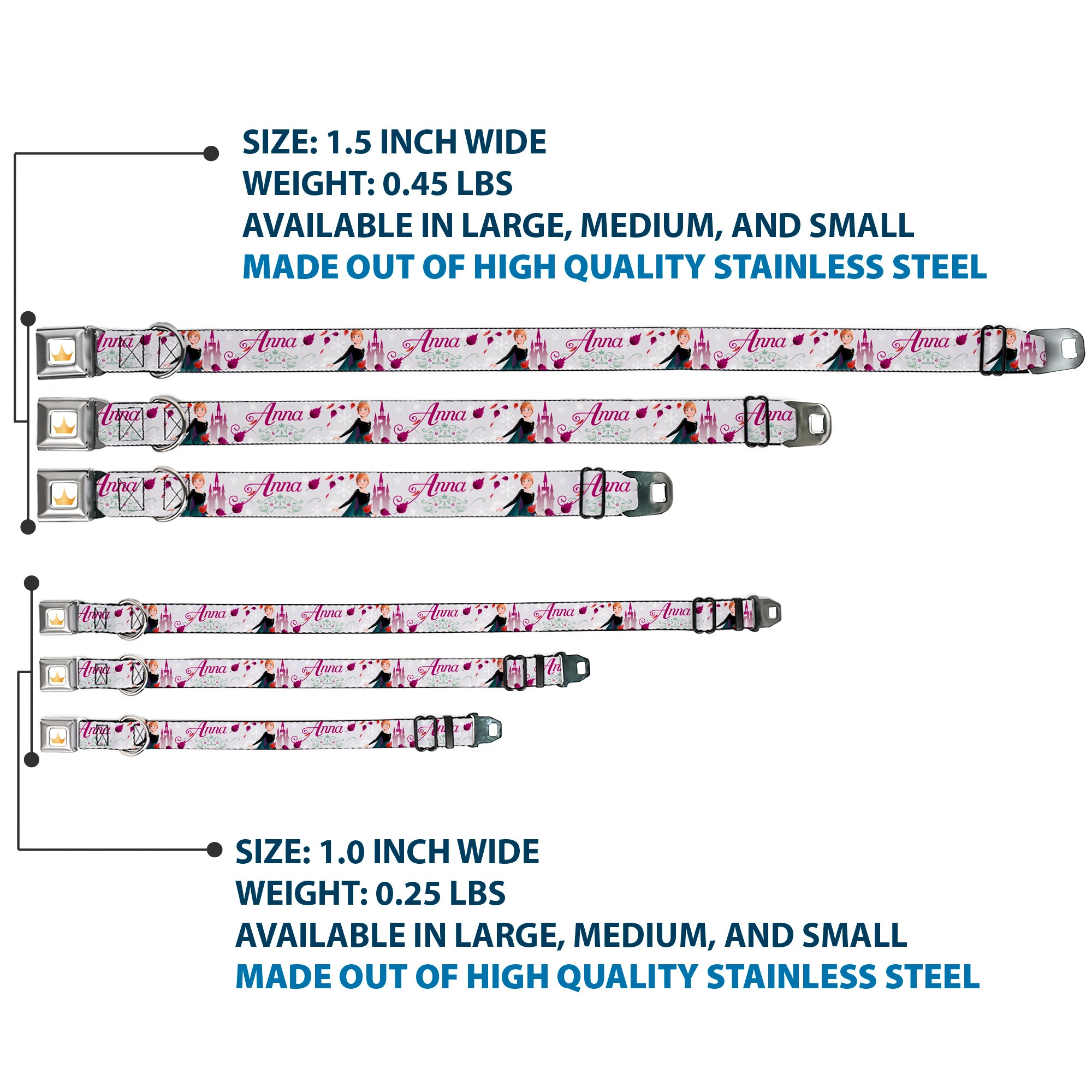 Disney Princess Crown Full Color Golds Seatbelt Buckle Collar - Frozen Anna Castle Pose with Flowers and Script Grays/Pinks Seatbelt Buckle Collars Disney