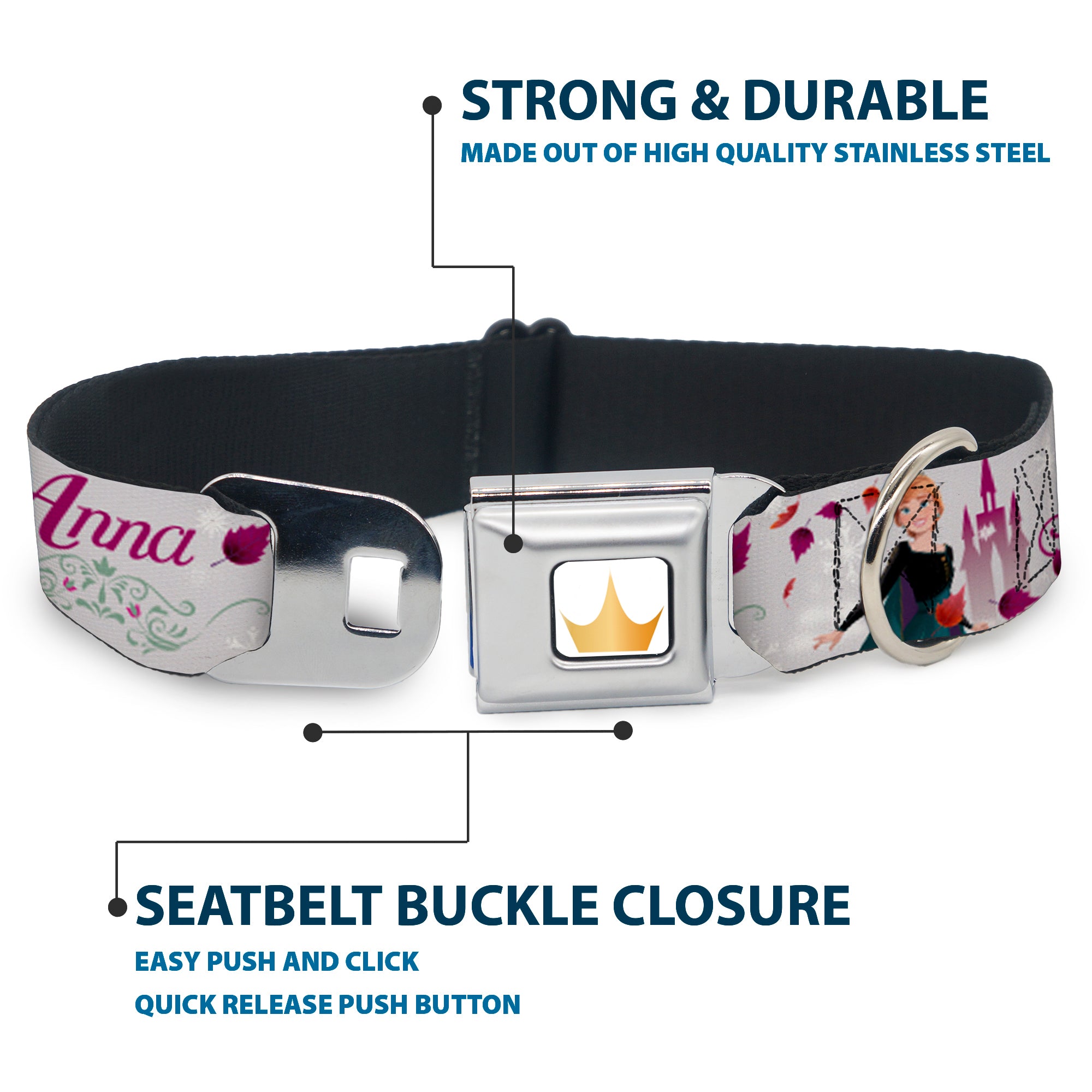 Disney Princess Crown Full Color Golds Seatbelt Buckle Collar - Frozen Anna Castle Pose with Flowers and Script Grays/Pinks Seatbelt Buckle Collars Disney
