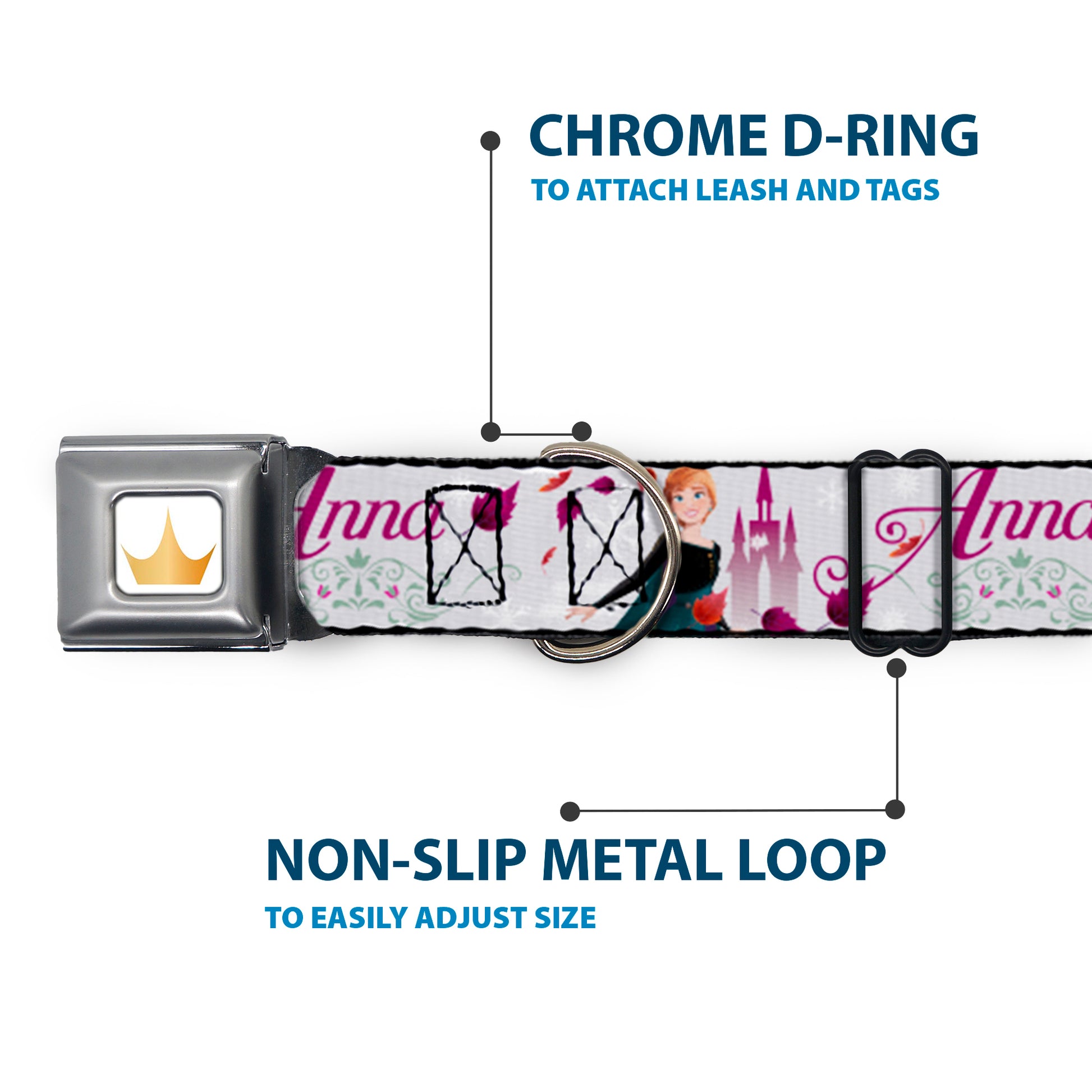 Disney Princess Crown Full Color Golds Seatbelt Buckle Collar - Frozen Anna Castle Pose with Flowers and Script Grays/Pinks Seatbelt Buckle Collars Disney