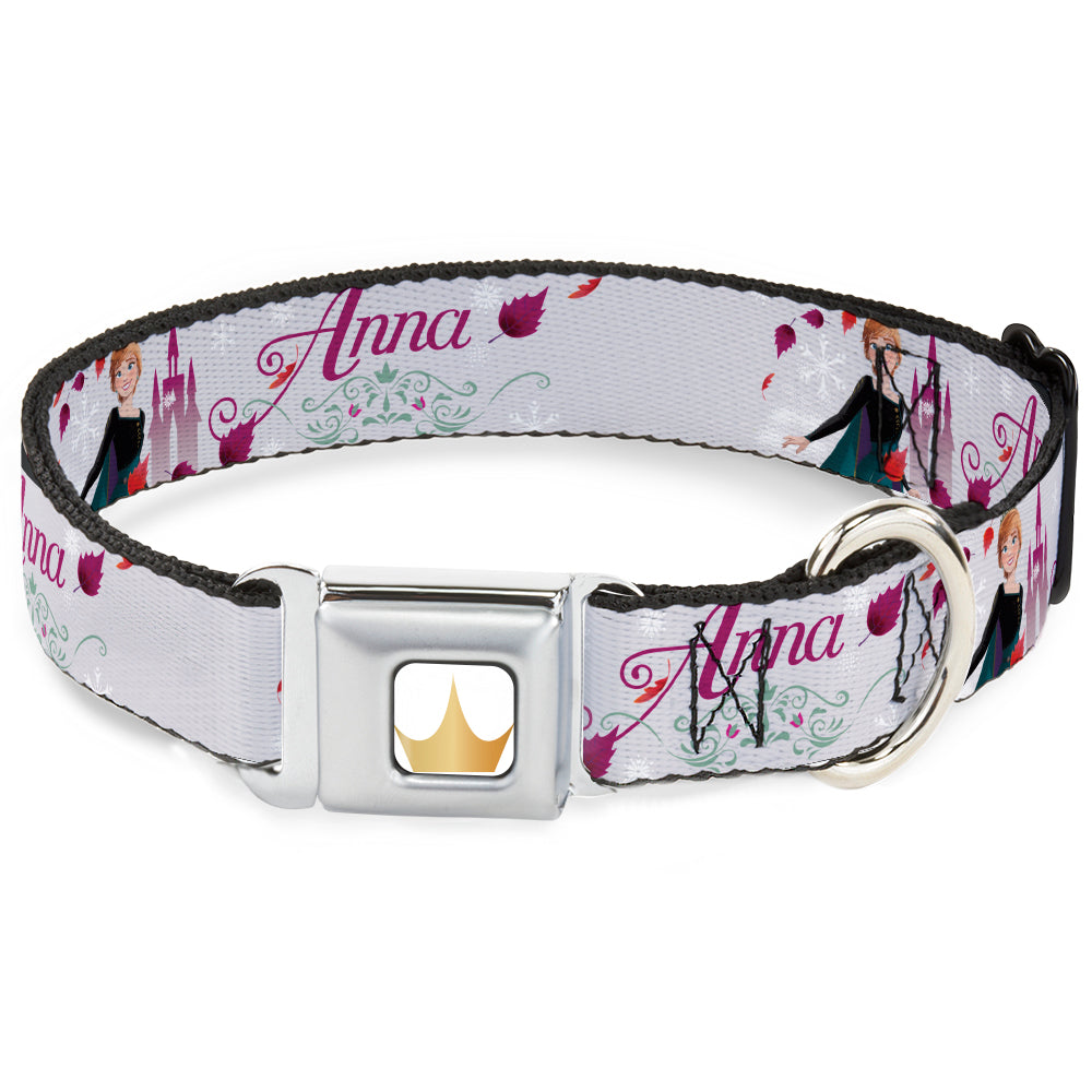 Disney Princess Crown Full Color Golds Seatbelt Buckle Collar - Frozen Anna Castle Pose with Flowers and Script Grays/Pinks Seatbelt Buckle Collars Disney