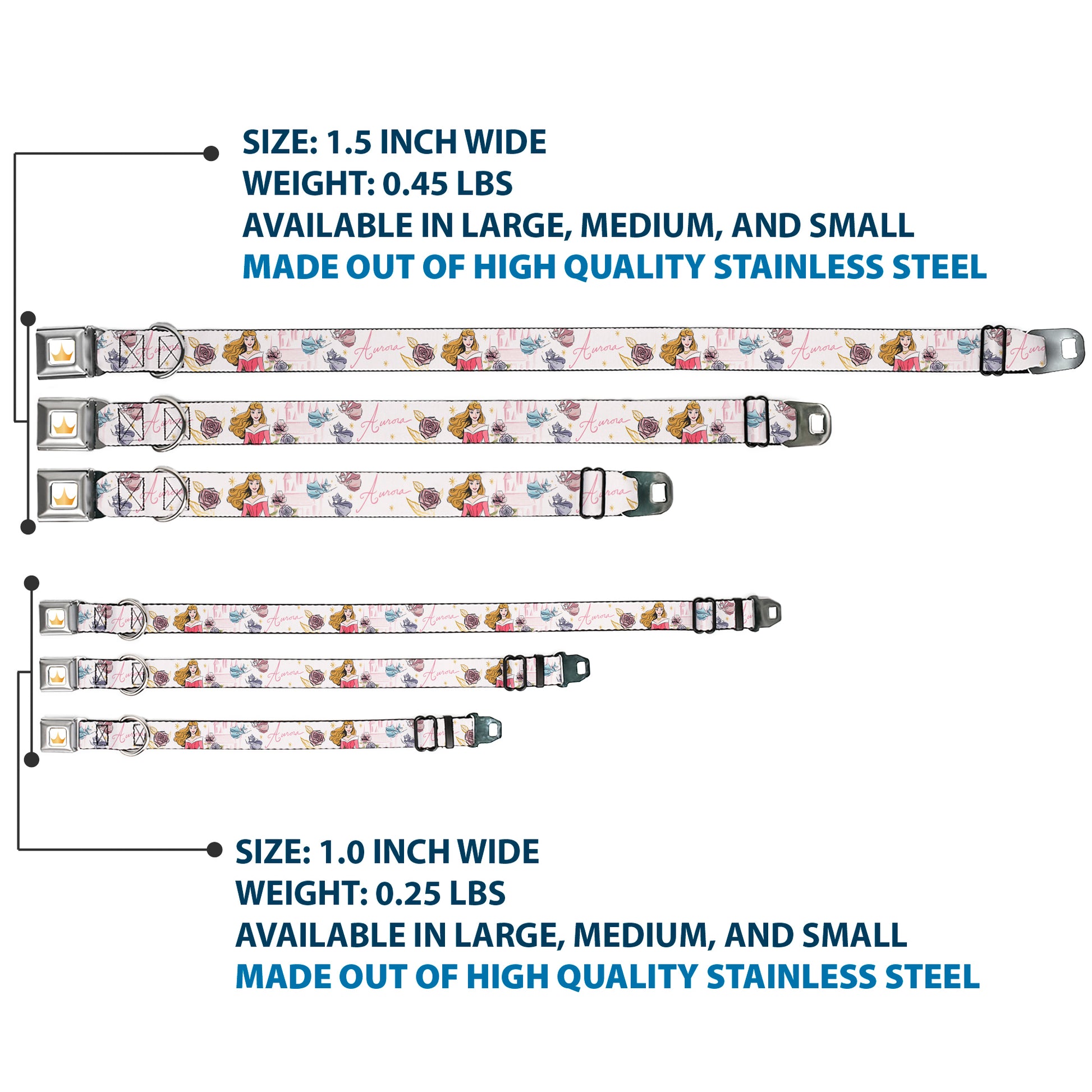 Disney Princess Crown Full Color Golds Seatbelt Buckle Collar - Sleeping Beauty Aurora Castle and Fairy Godmothers Pose with Script and Flowers White/Pinks Seatbelt Buckle Collars Disney