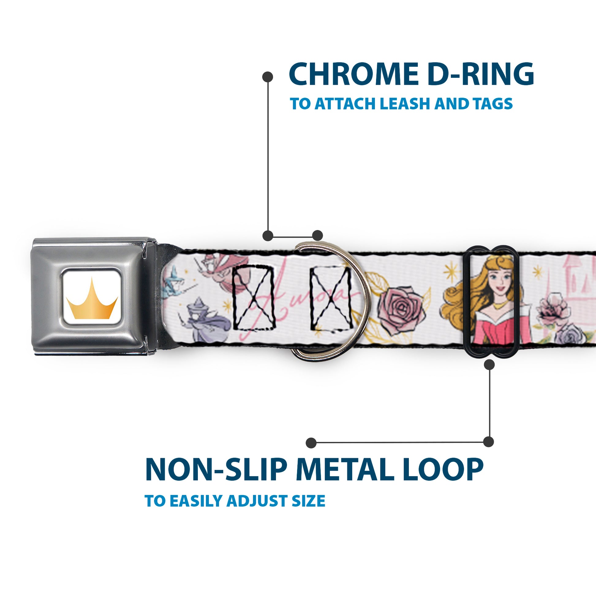 Disney Princess Crown Full Color Golds Seatbelt Buckle Collar - Sleeping Beauty Aurora Castle and Fairy Godmothers Pose with Script and Flowers White/Pinks Seatbelt Buckle Collars Disney