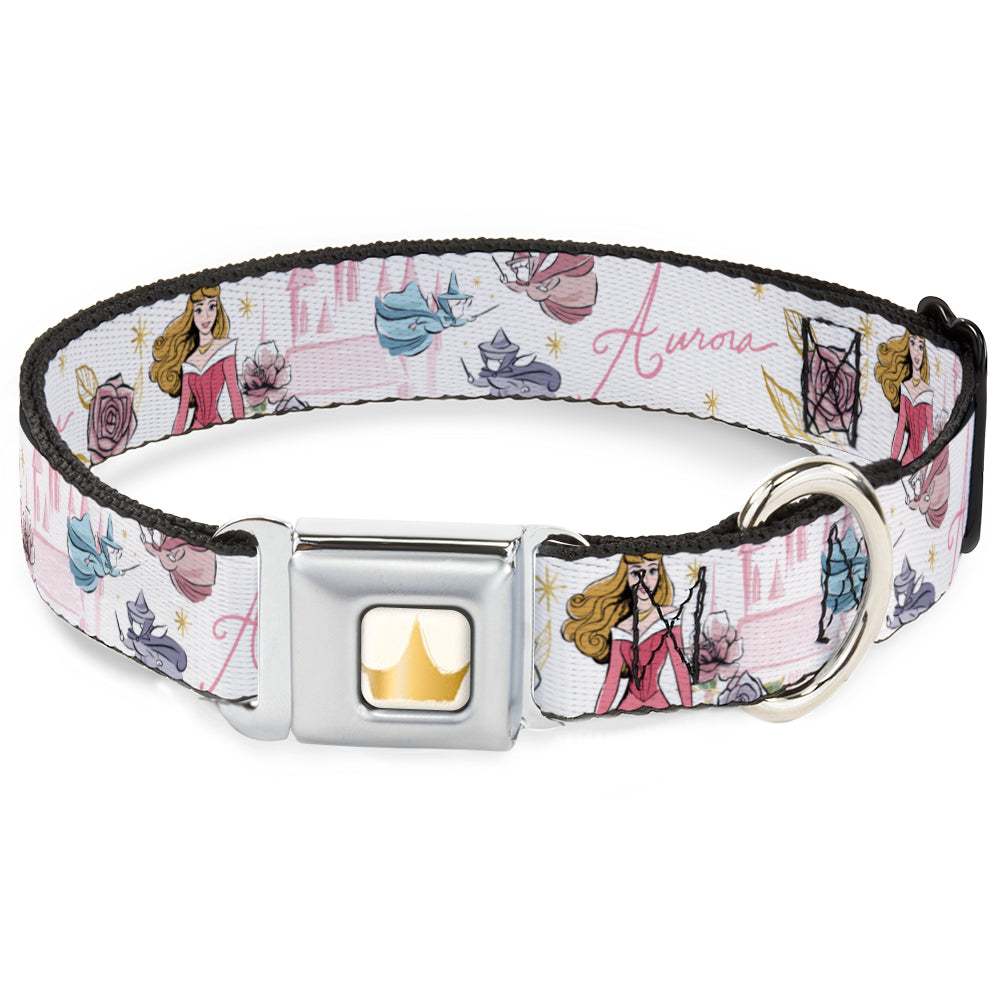 Disney Princess Crown Full Color Golds Seatbelt Buckle Collar - Sleeping Beauty Aurora Castle and Fairy Godmothers Pose with Script and Flowers White/Pinks Seatbelt Buckle Collars Disney