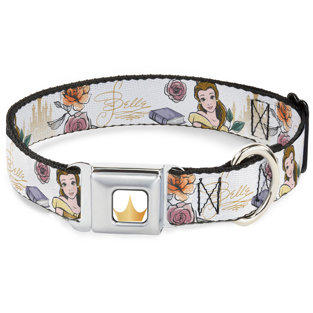 Disney Princess Crown Full Color Golds Seatbelt Buckle Collar - Beauty and the Beast Belle Castle Pose with Script and Flowers White/Yellows Seatbelt Buckle Collars Disney
