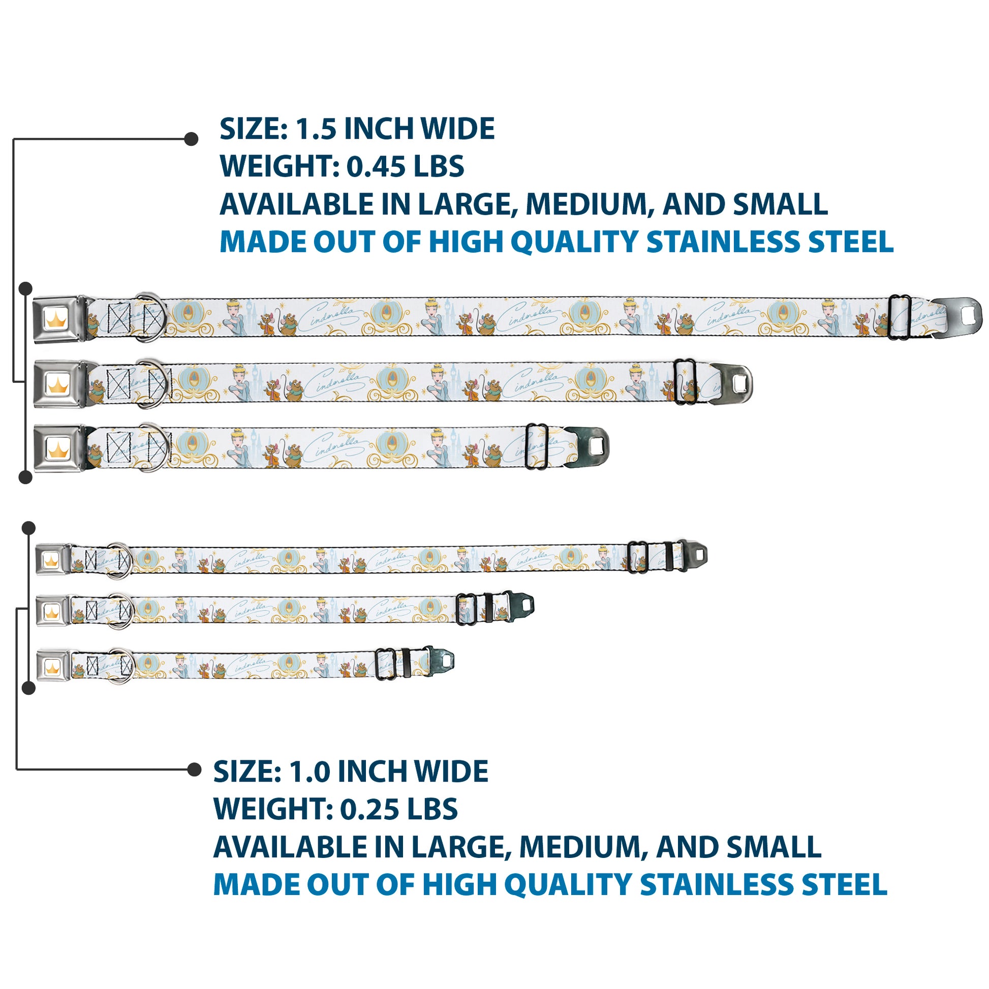 Disney Princess Crown Full Color Golds Seatbelt Buckle Collar - Cinderella Pumpkin Coach and Mice Pose with Script White/Blues Seatbelt Buckle Collars Disney