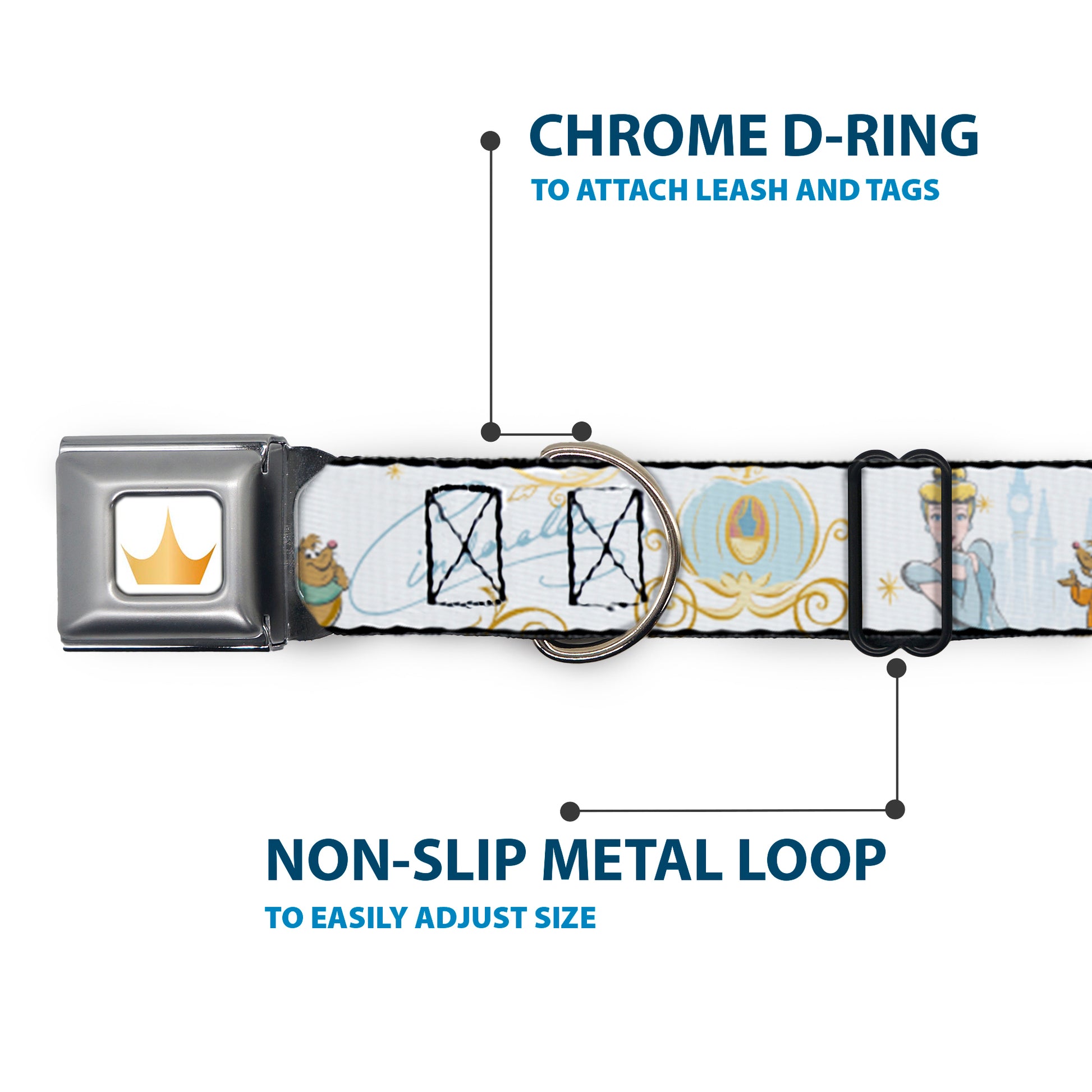 Disney Princess Crown Full Color Golds Seatbelt Buckle Collar - Cinderella Pumpkin Coach and Mice Pose with Script White/Blues Seatbelt Buckle Collars Disney