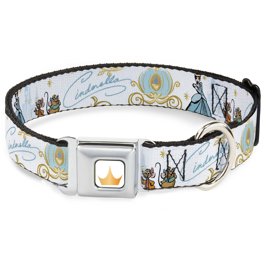 Disney Princess Crown Full Color Golds Seatbelt Buckle Collar - Cinderella Pumpkin Coach and Mice Pose with Script White/Blues Seatbelt Buckle Collars Disney
