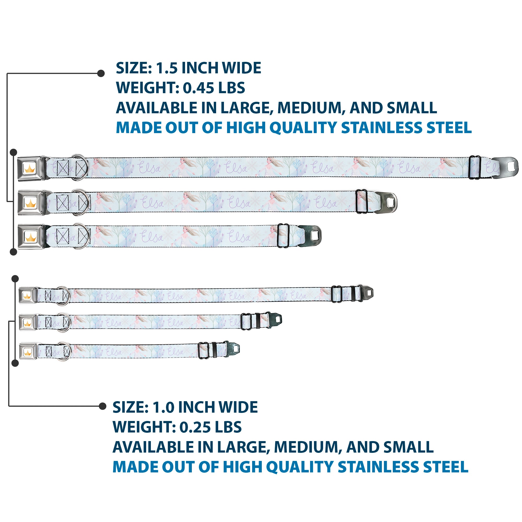 Disney Princess Crown Full Color Golds Seatbelt Buckle Collar - Frozen Elsa Snowflake Pose with Trees and Script Blues/Purples Seatbelt Buckle Collars Disney