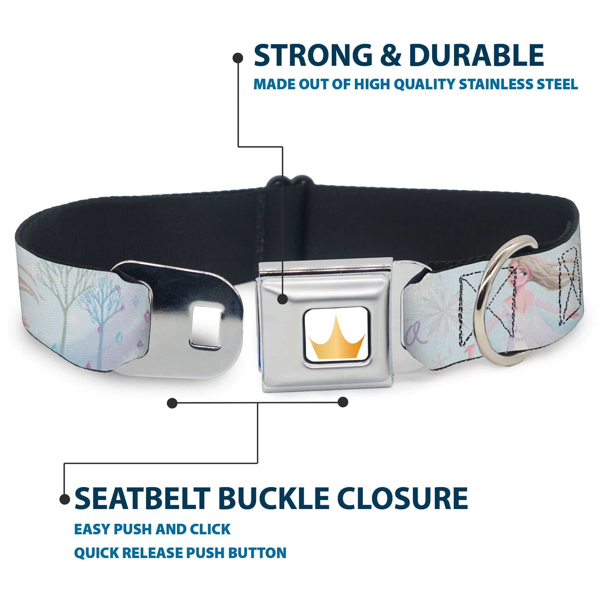 Disney Princess Crown Full Color Golds Seatbelt Buckle Collar - Frozen Elsa Snowflake Pose with Trees and Script Blues/Purples Seatbelt Buckle Collars Disney