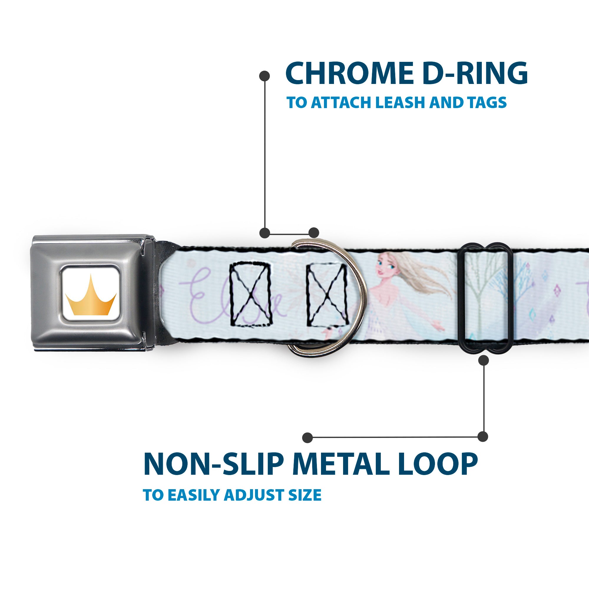 Disney Princess Crown Full Color Golds Seatbelt Buckle Collar - Frozen Elsa Snowflake Pose with Trees and Script Blues/Purples Seatbelt Buckle Collars Disney