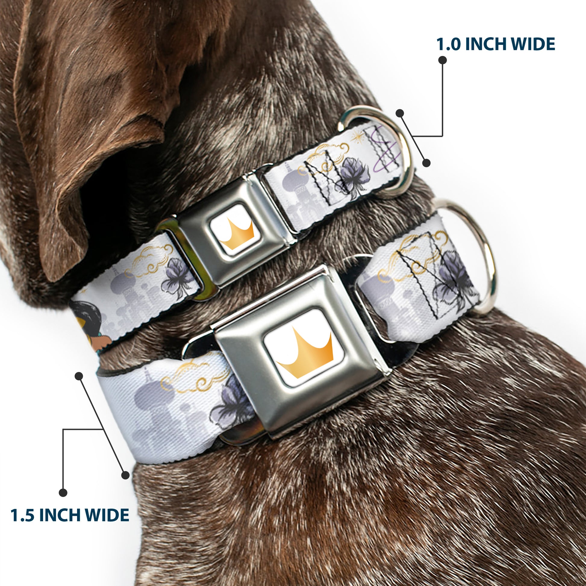 Disney Princess Crown Full Color Golds Seatbelt Buckle Collar - Aladdin Jasmine Palace Pose with Script and Flowers White/Purples Seatbelt Buckle Collars Disney