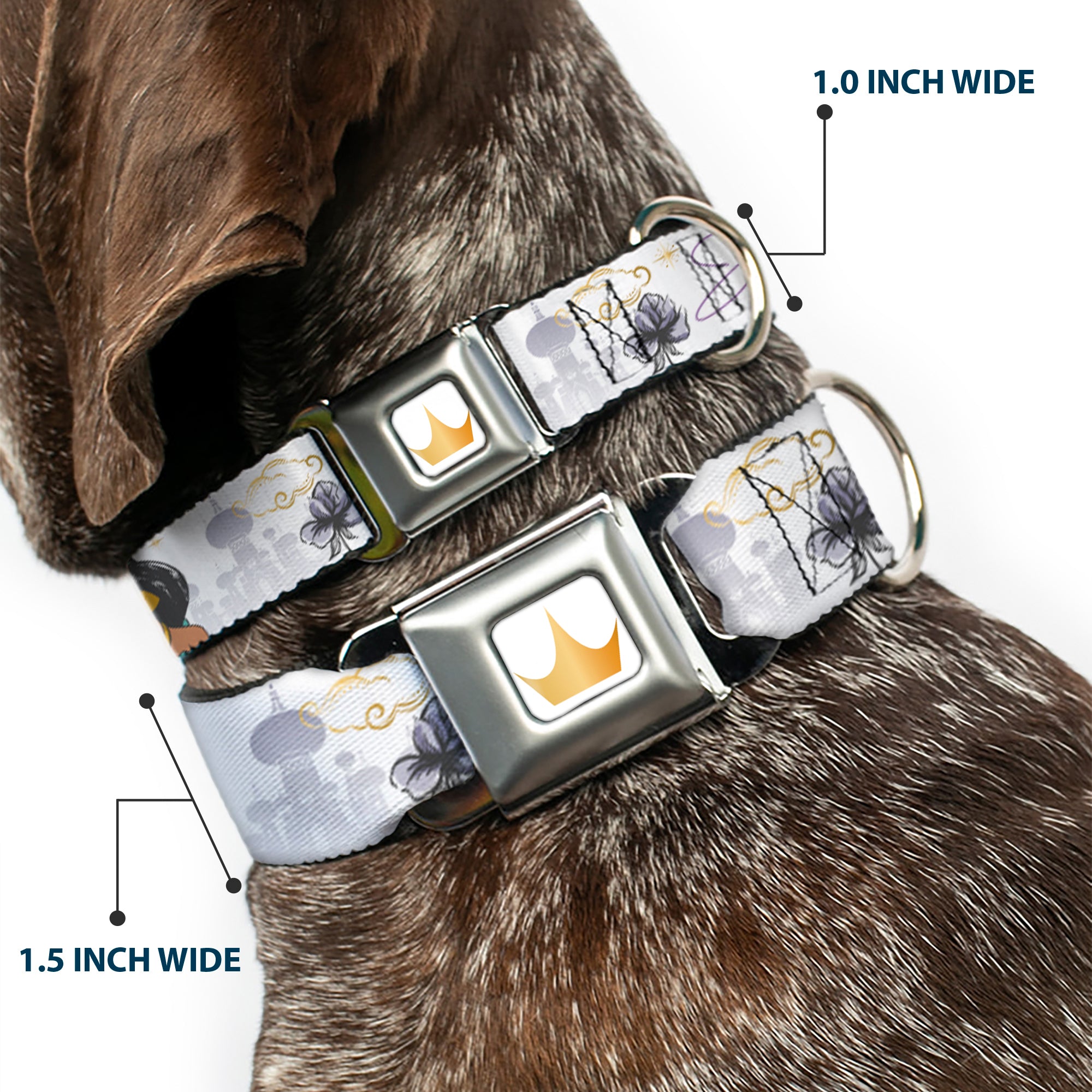 Disney Princess Crown Full Color Golds Seatbelt Buckle Collar - Aladdin Jasmine Palace Pose with Script and Flowers White/Purples Seatbelt Buckle Collars Disney