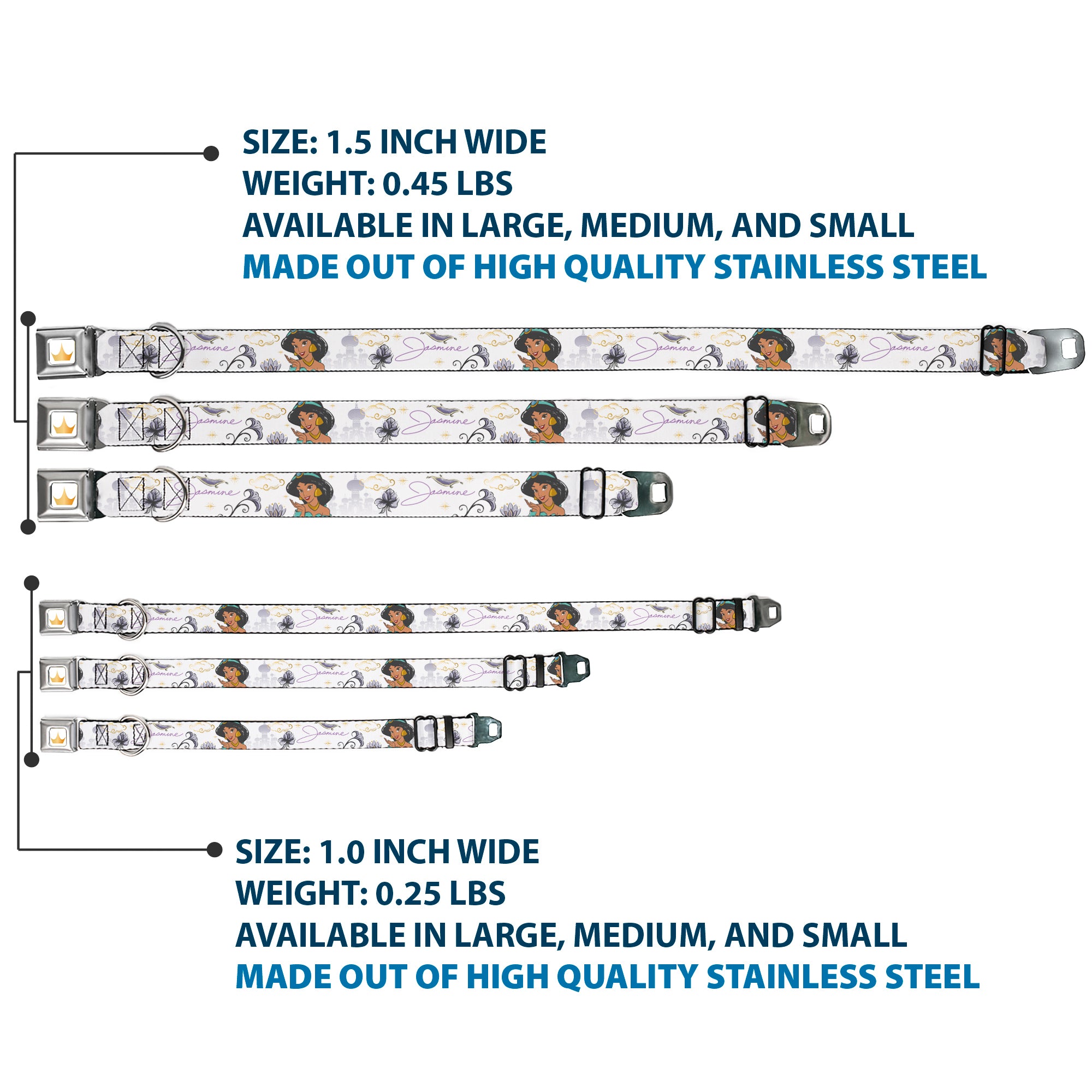 Disney Princess Crown Full Color Golds Seatbelt Buckle Collar - Aladdin Jasmine Palace Pose with Script and Flowers White/Purples Seatbelt Buckle Collars Disney