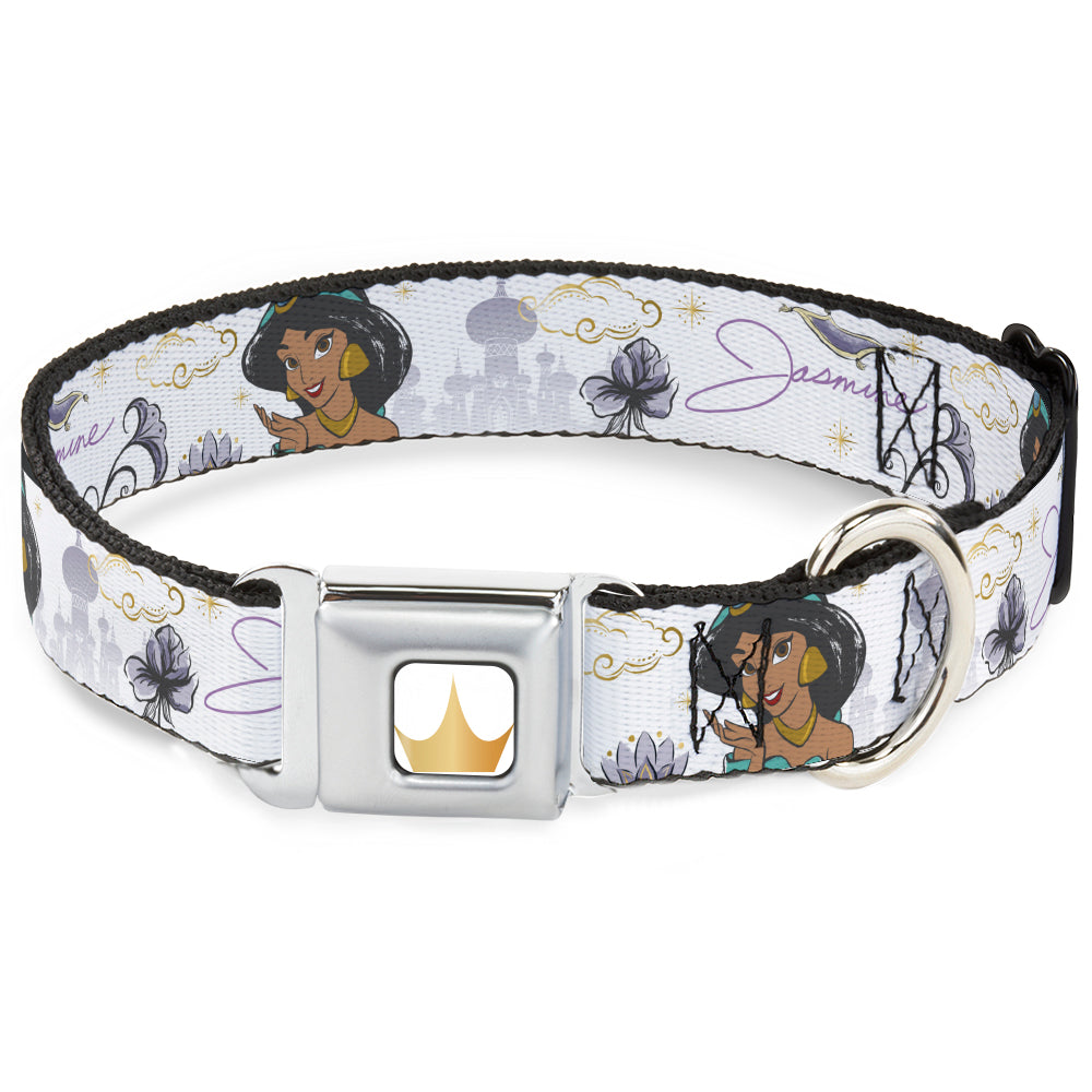 Disney Princess Crown Full Color Golds Seatbelt Buckle Collar - Aladdin Jasmine Palace Pose with Script and Flowers White/Purples Seatbelt Buckle Collars Disney