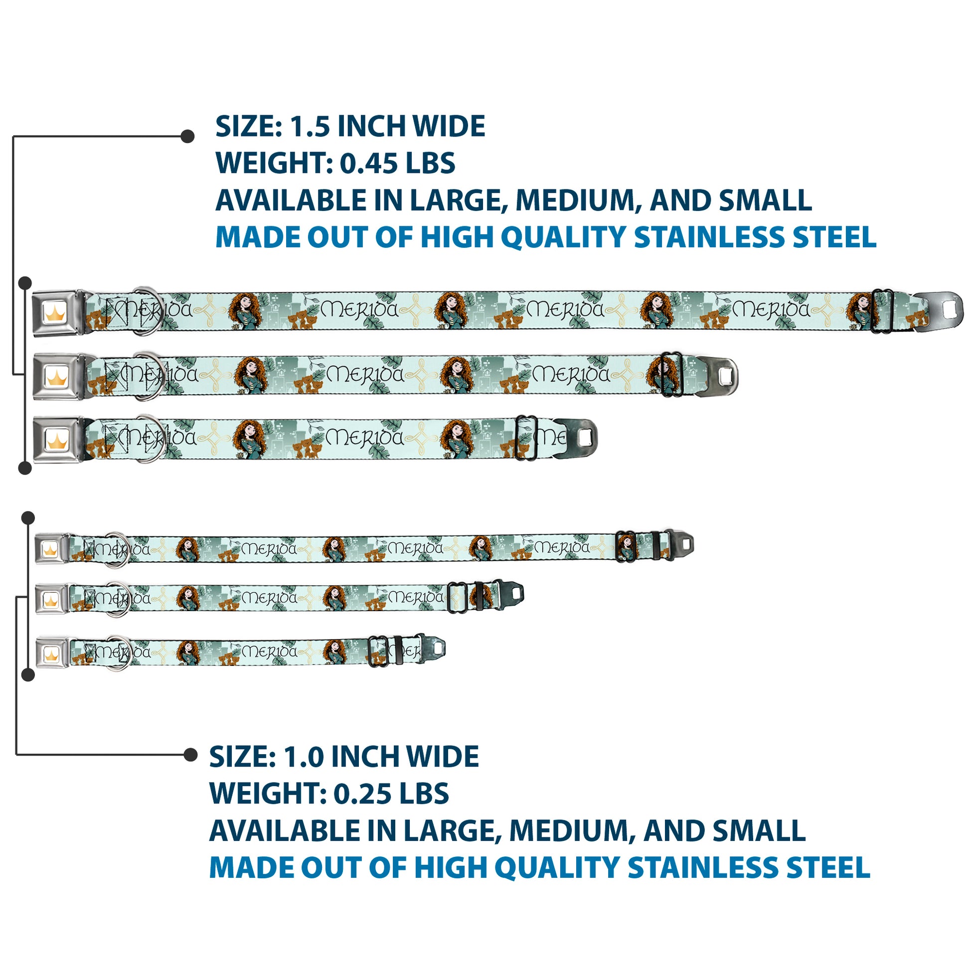 Disney Princess Crown Full Color Golds Seatbelt Buckle Collar - Brave Merida Castle and Three Bear Brothers Pose with Script Greens Seatbelt Buckle Collars Disney