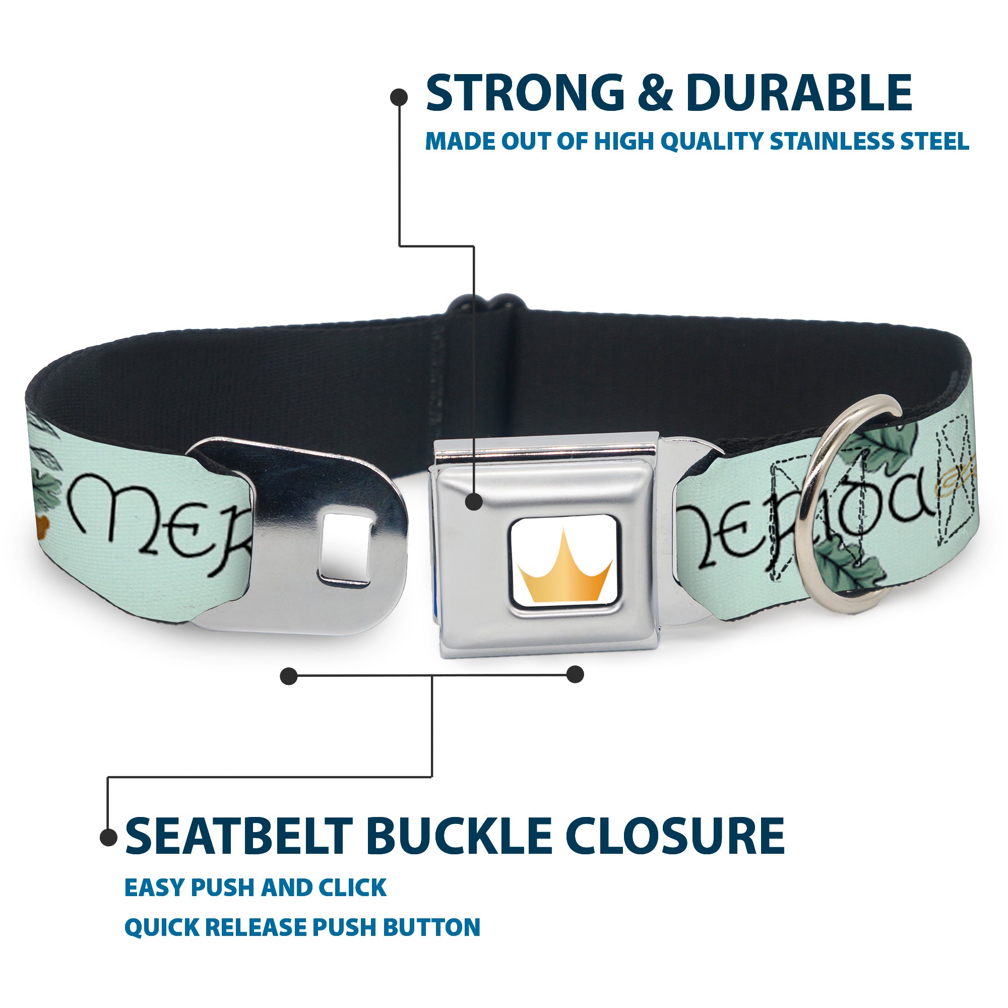 Disney Princess Crown Full Color Golds Seatbelt Buckle Collar - Brave Merida Castle and Three Bear Brothers Pose with Script Greens Seatbelt Buckle Collars Disney