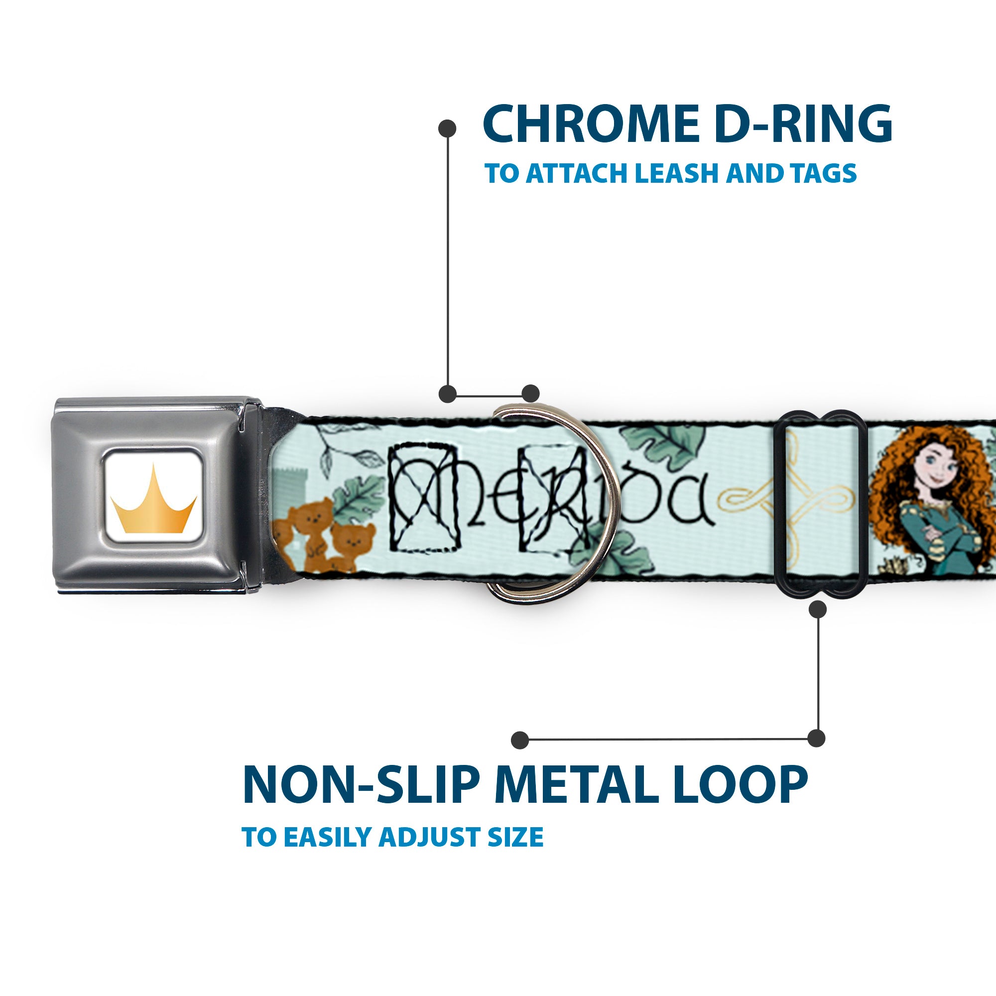 Disney Princess Crown Full Color Golds Seatbelt Buckle Collar - Brave Merida Castle and Three Bear Brothers Pose with Script Greens Seatbelt Buckle Collars Disney