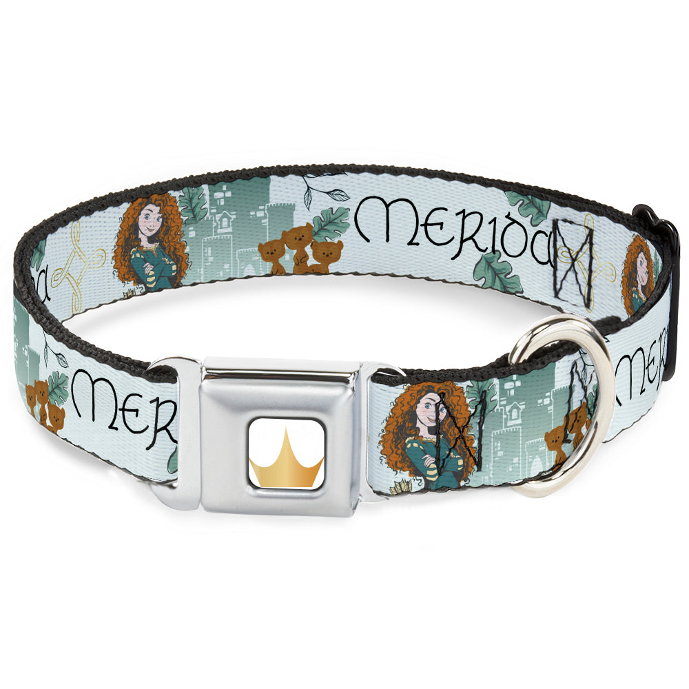 Disney Princess Crown Full Color Golds Seatbelt Buckle Collar - Brave Merida Castle and Three Bear Brothers Pose with Script Greens Seatbelt Buckle Collars Disney