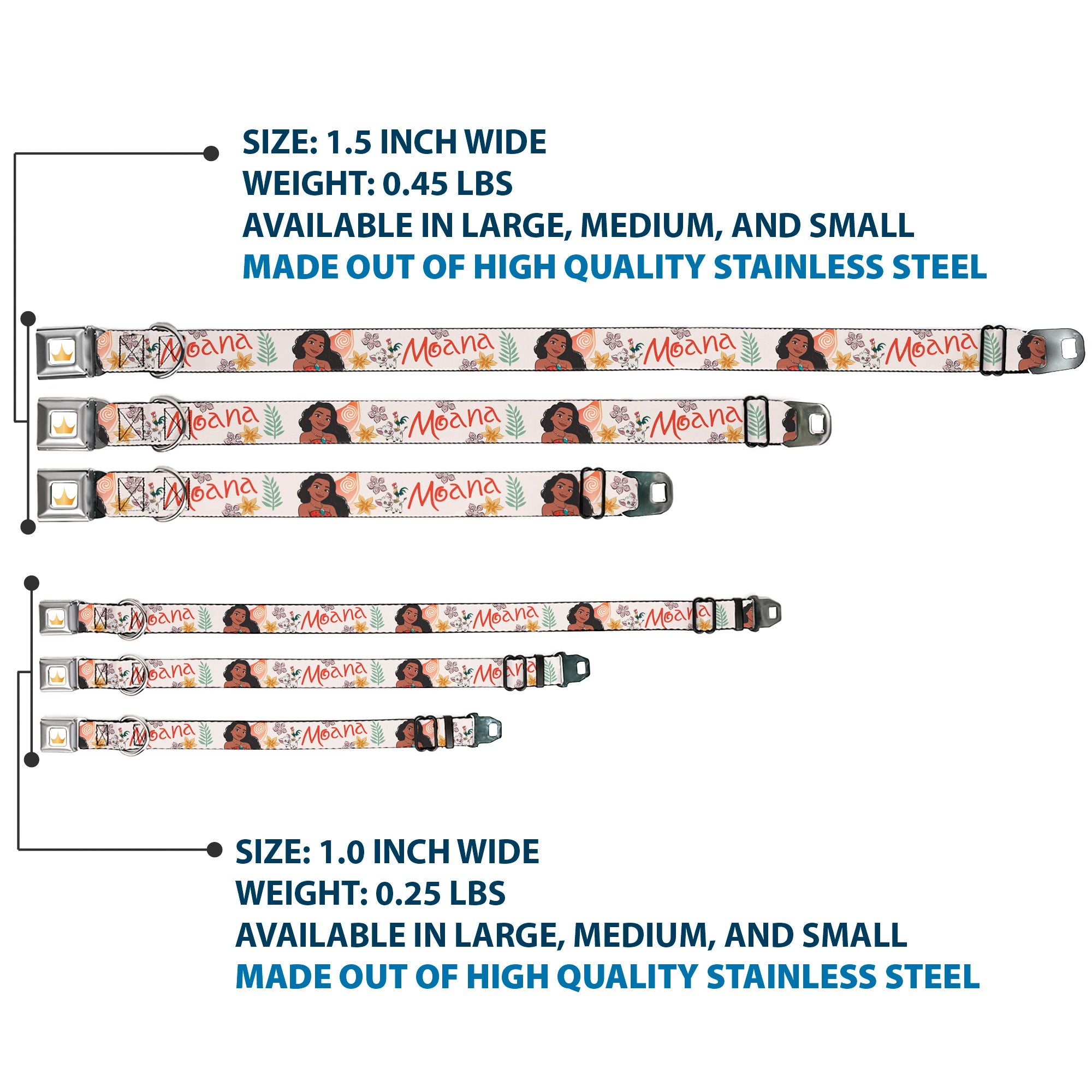 Disney Princess Crown Full Color Golds Seatbelt Buckle Collar - Moana with Pua and Hei Hei Sail Pose with Script and Flowers Beige/Orange Seatbelt Buckle Collars Disney