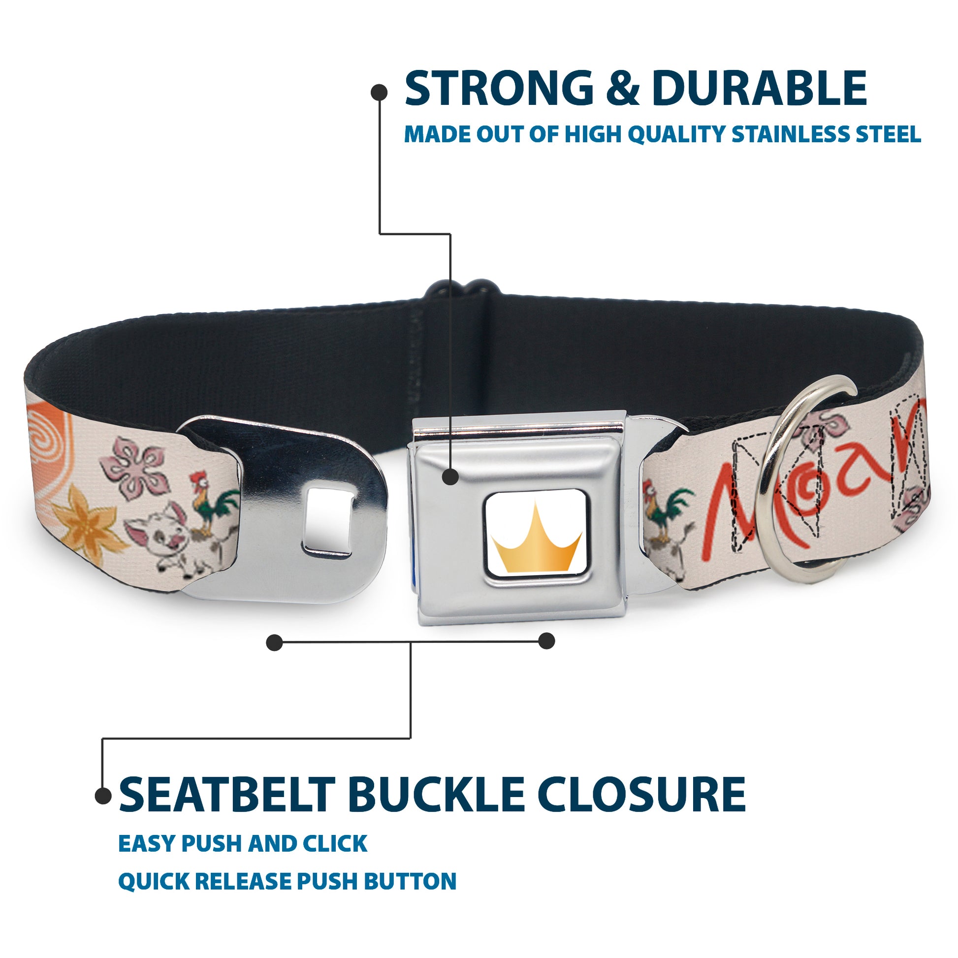 Disney Princess Crown Full Color Golds Seatbelt Buckle Collar - Moana with Pua and Hei Hei Sail Pose with Script and Flowers Beige/Orange Seatbelt Buckle Collars Disney
