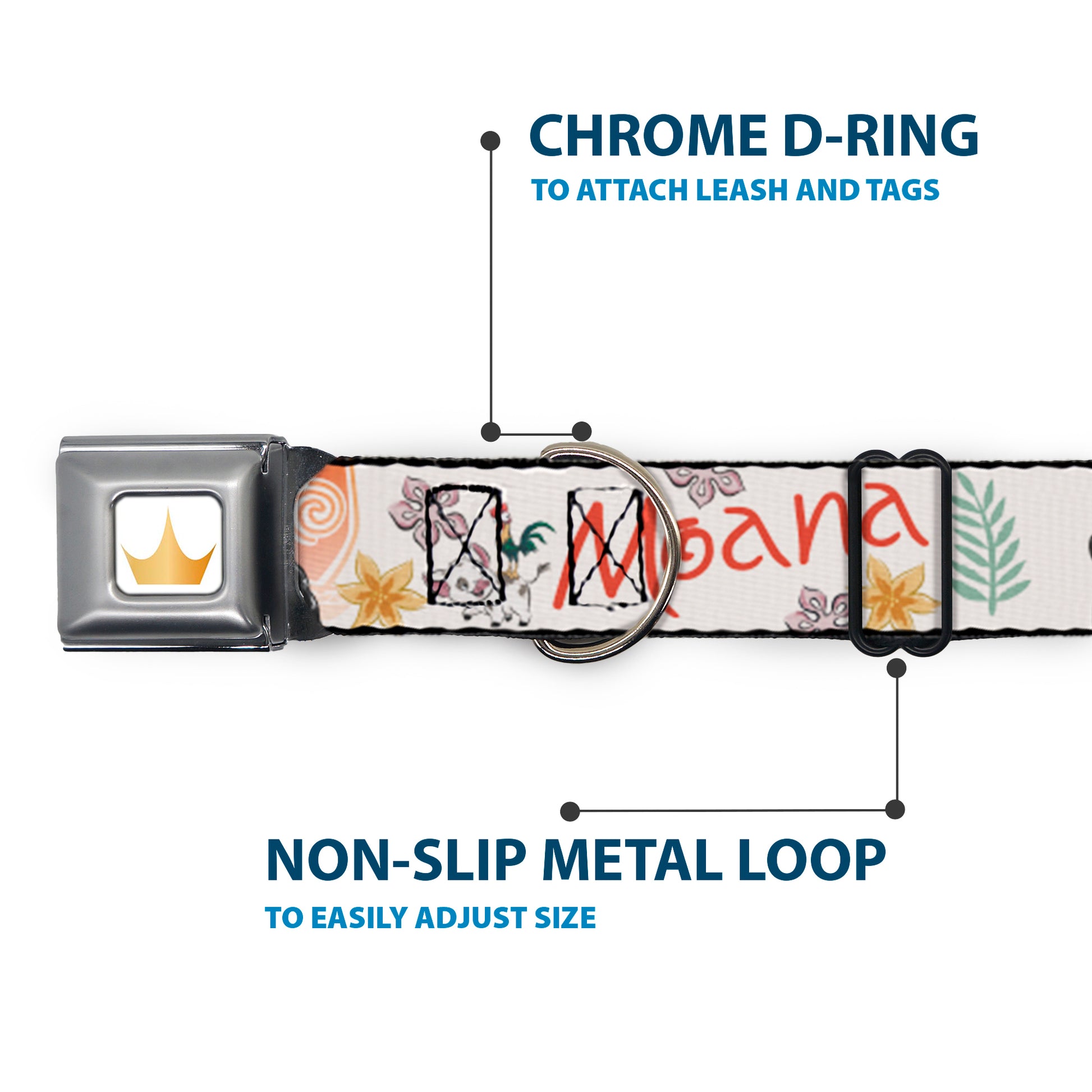 Disney Princess Crown Full Color Golds Seatbelt Buckle Collar - Moana with Pua and Hei Hei Sail Pose with Script and Flowers Beige/Orange Seatbelt Buckle Collars Disney