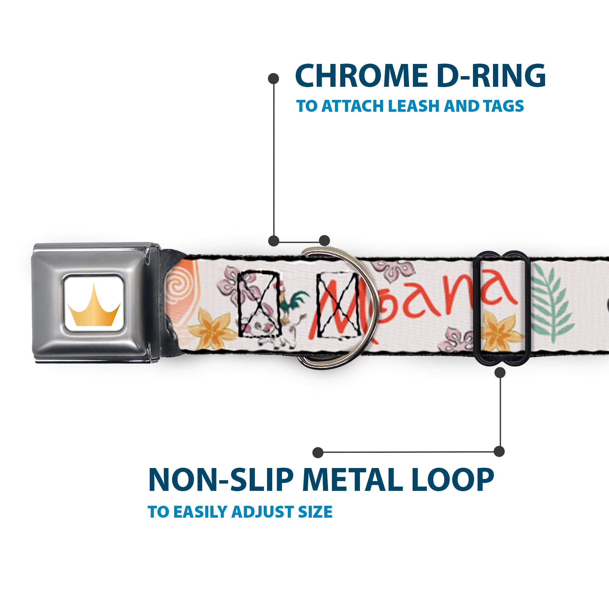 Disney Princess Crown Full Color Golds Seatbelt Buckle Collar - Moana with Pua and Hei Hei Sail Pose with Script and Flowers Beige/Orange Seatbelt Buckle Collars Disney