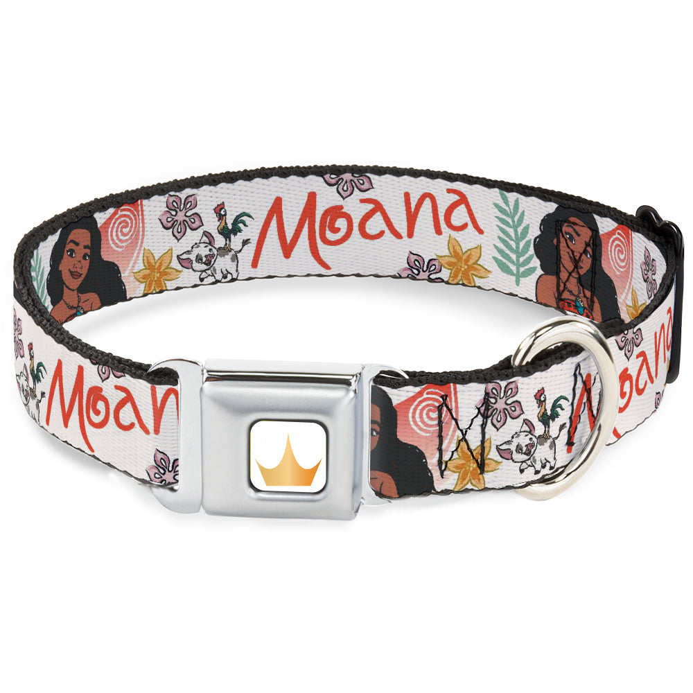Disney Princess Crown Full Color Golds Seatbelt Buckle Collar - Moana with Pua and Hei Hei Sail Pose with Script and Flowers Beige/Orange Seatbelt Buckle Collars Disney