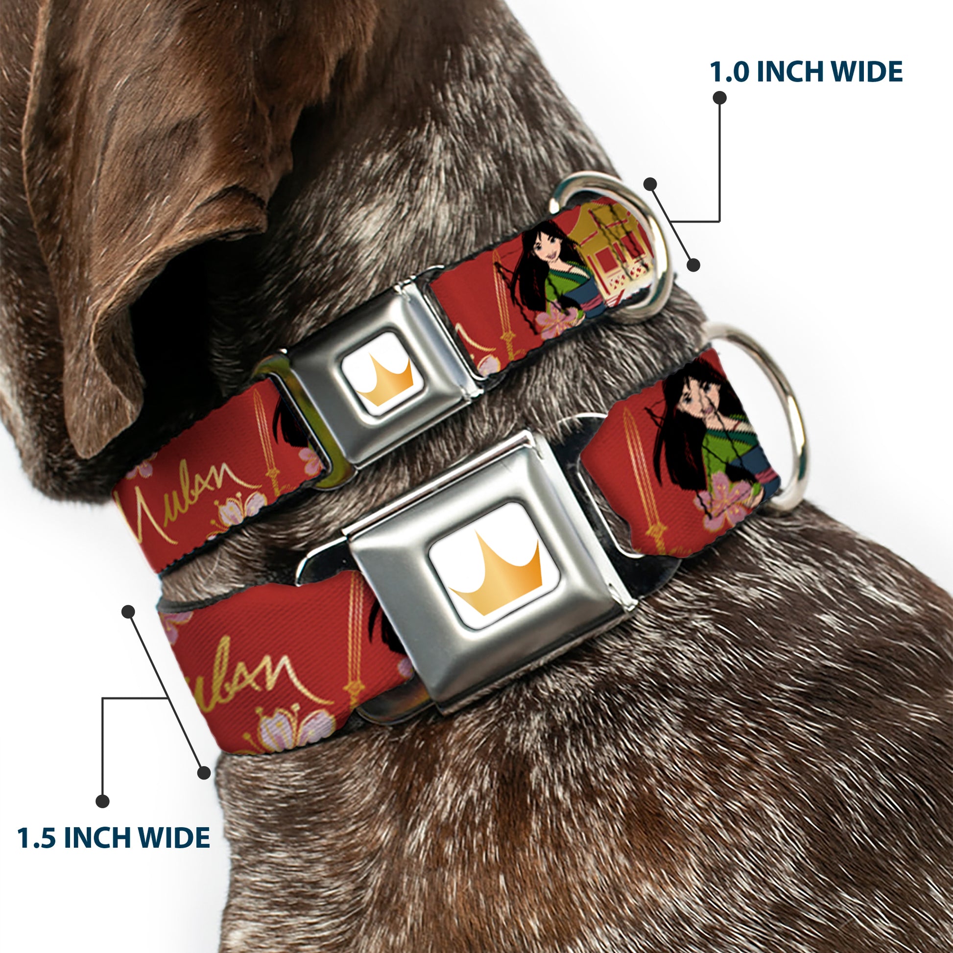 Disney Princess Crown Full Color Golds Seatbelt Buckle Collar - Mulan Gazebo Pose with Flowers and Script Red/Golds Seatbelt Buckle Collars Disney