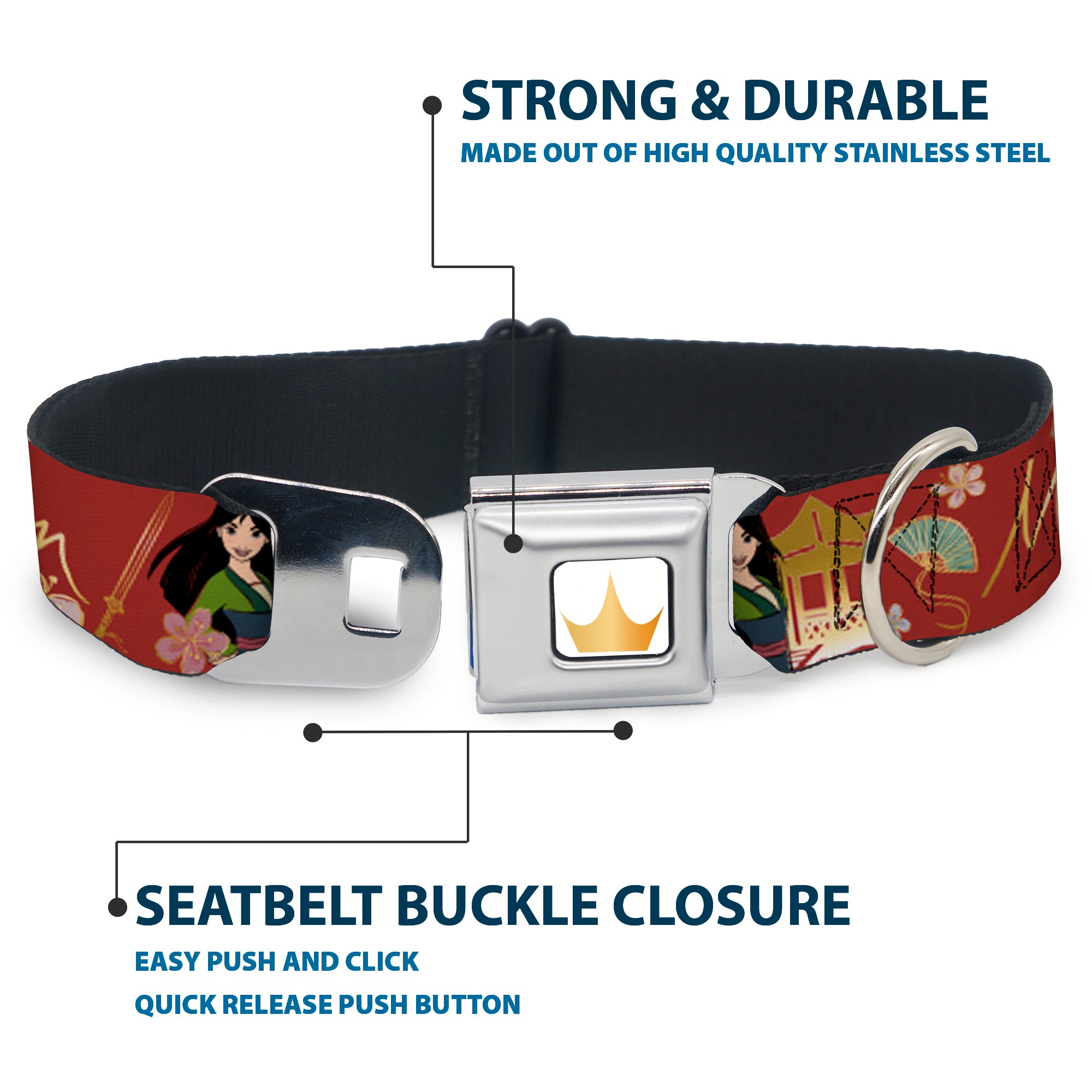 Disney Princess Crown Full Color Golds Seatbelt Buckle Collar - Mulan Gazebo Pose with Flowers and Script Red/Golds Seatbelt Buckle Collars Disney