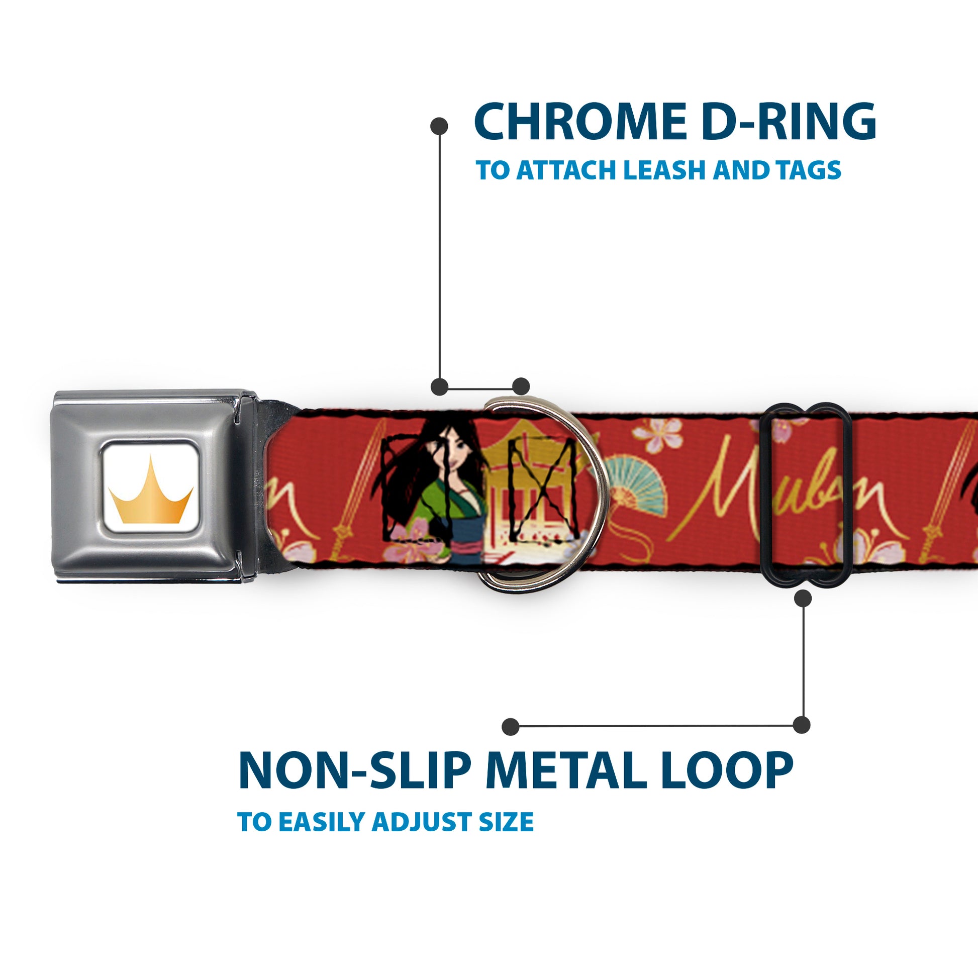 Disney Princess Crown Full Color Golds Seatbelt Buckle Collar - Mulan Gazebo Pose with Flowers and Script Red/Golds Seatbelt Buckle Collars Disney
