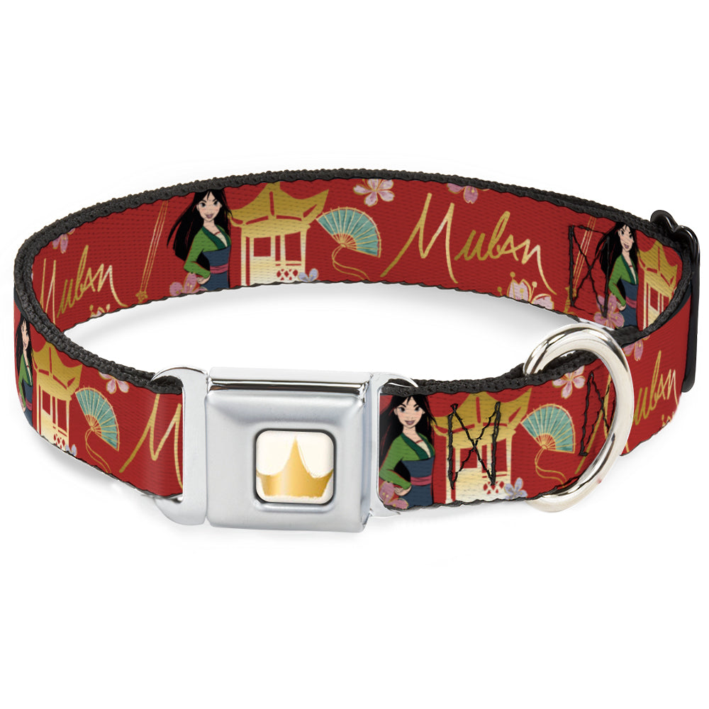 Disney Princess Crown Full Color Golds Seatbelt Buckle Collar - Mulan Gazebo Pose with Flowers and Script Red/Golds Seatbelt Buckle Collars Disney