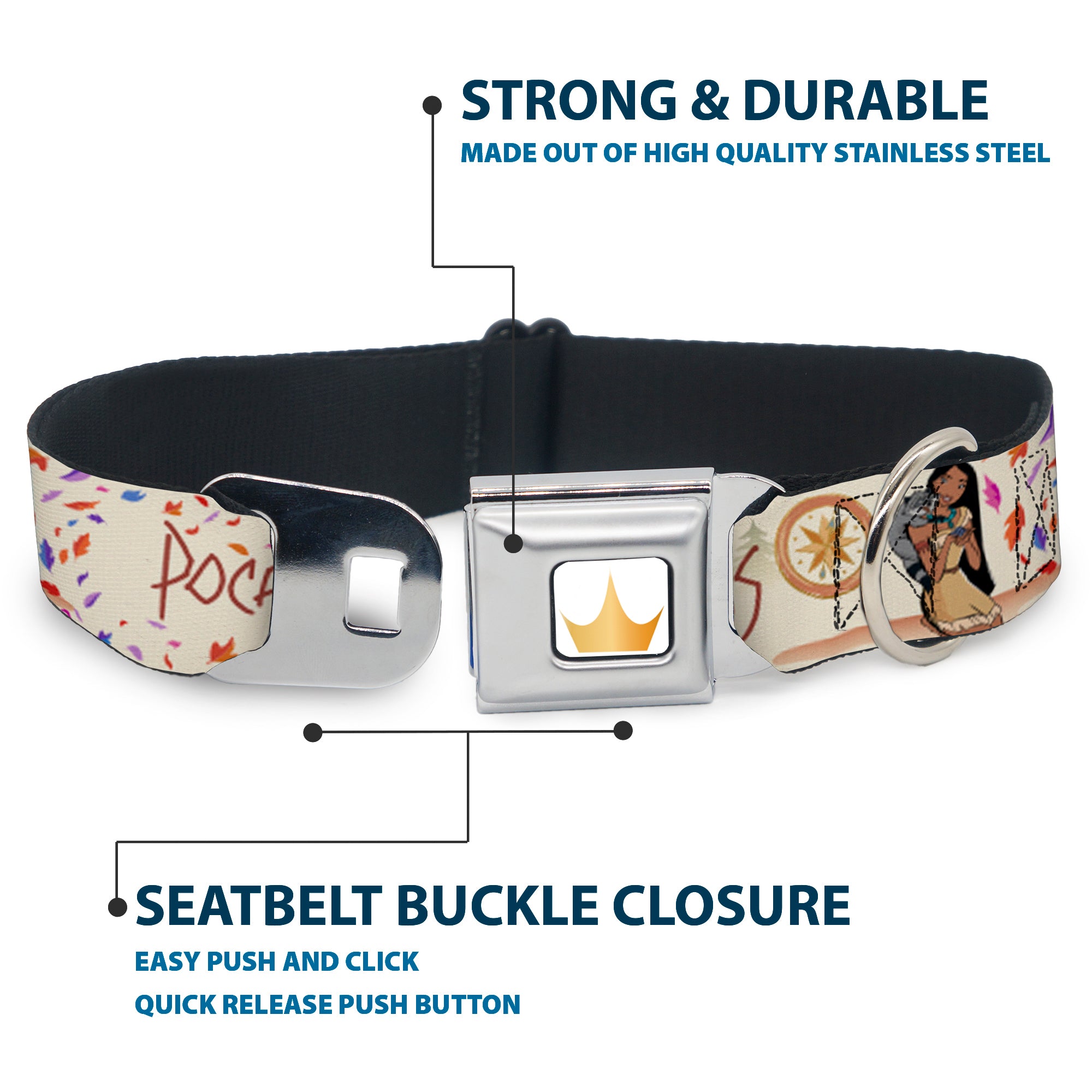 Disney Princess Crown Full Color Golds Seatbelt Buckle Collar - Pocahontas and Meeko Compass Pose with Script and Leaves Beige Seatbelt Buckle Collars Disney