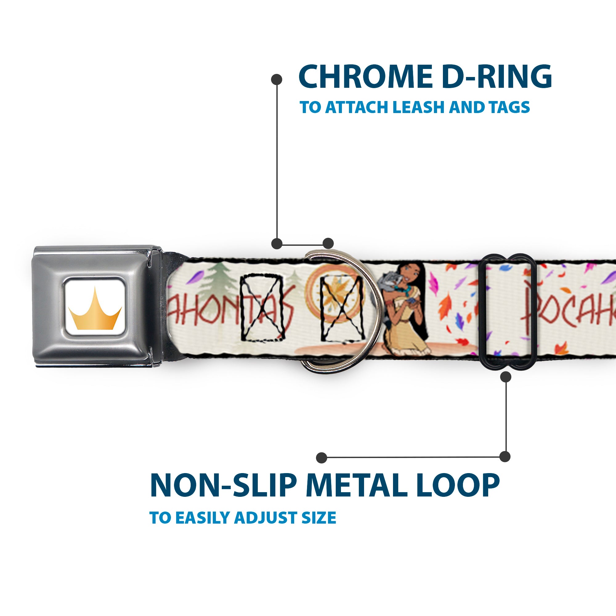 Disney Princess Crown Full Color Golds Seatbelt Buckle Collar - Pocahontas and Meeko Compass Pose with Script and Leaves Beige Seatbelt Buckle Collars Disney