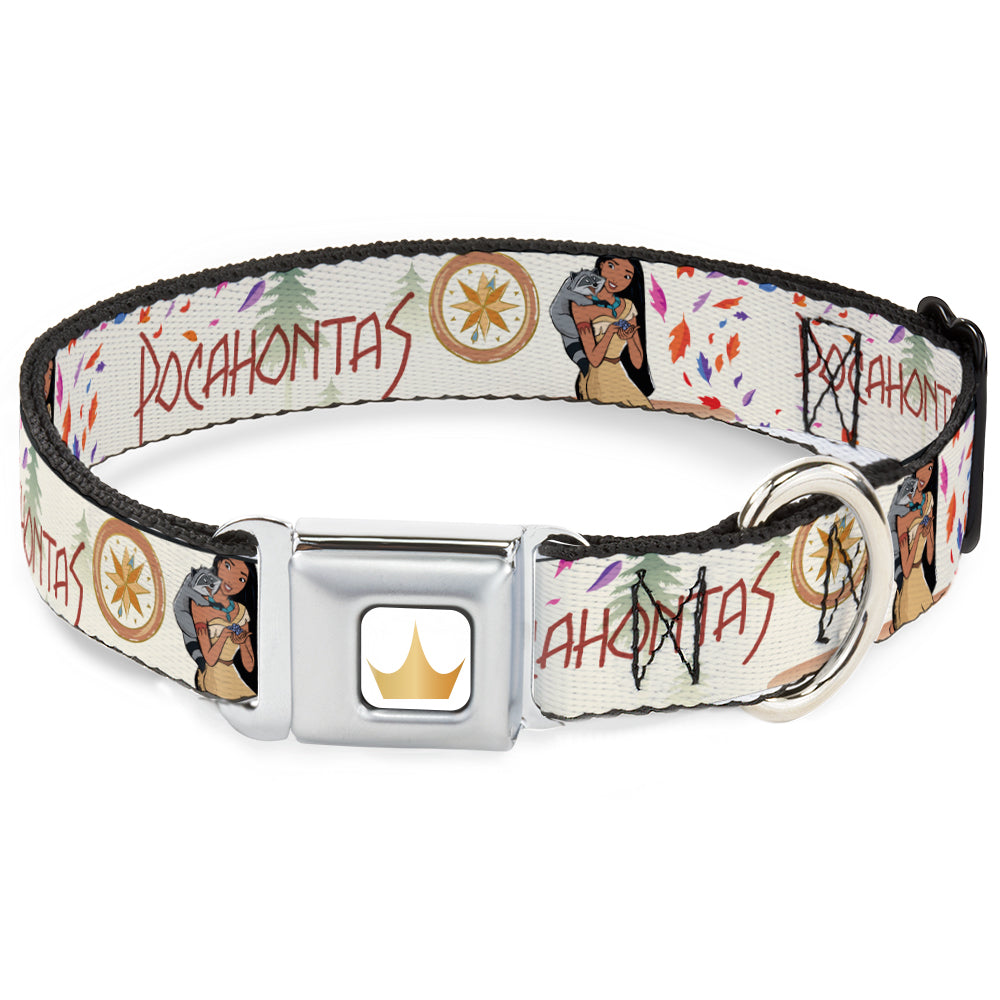 Disney Princess Crown Full Color Golds Seatbelt Buckle Collar - Pocahontas and Meeko Compass Pose with Script and Leaves Beige Seatbelt Buckle Collars Disney