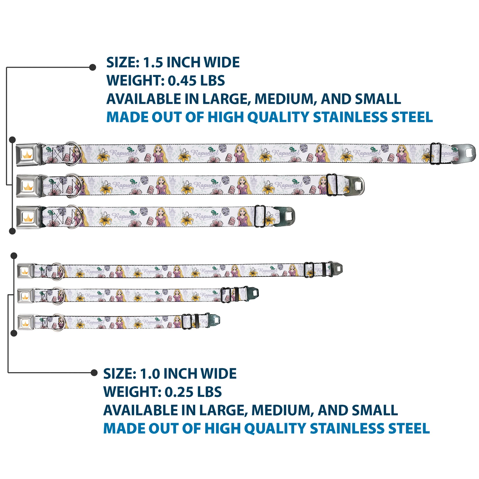 Disney Princess Crown Full Color Golds Seatbelt Buckle Collar - Rapunzel Castle and Pascual Pose with Script and Flowers White/Purples Seatbelt Buckle Collars Disney