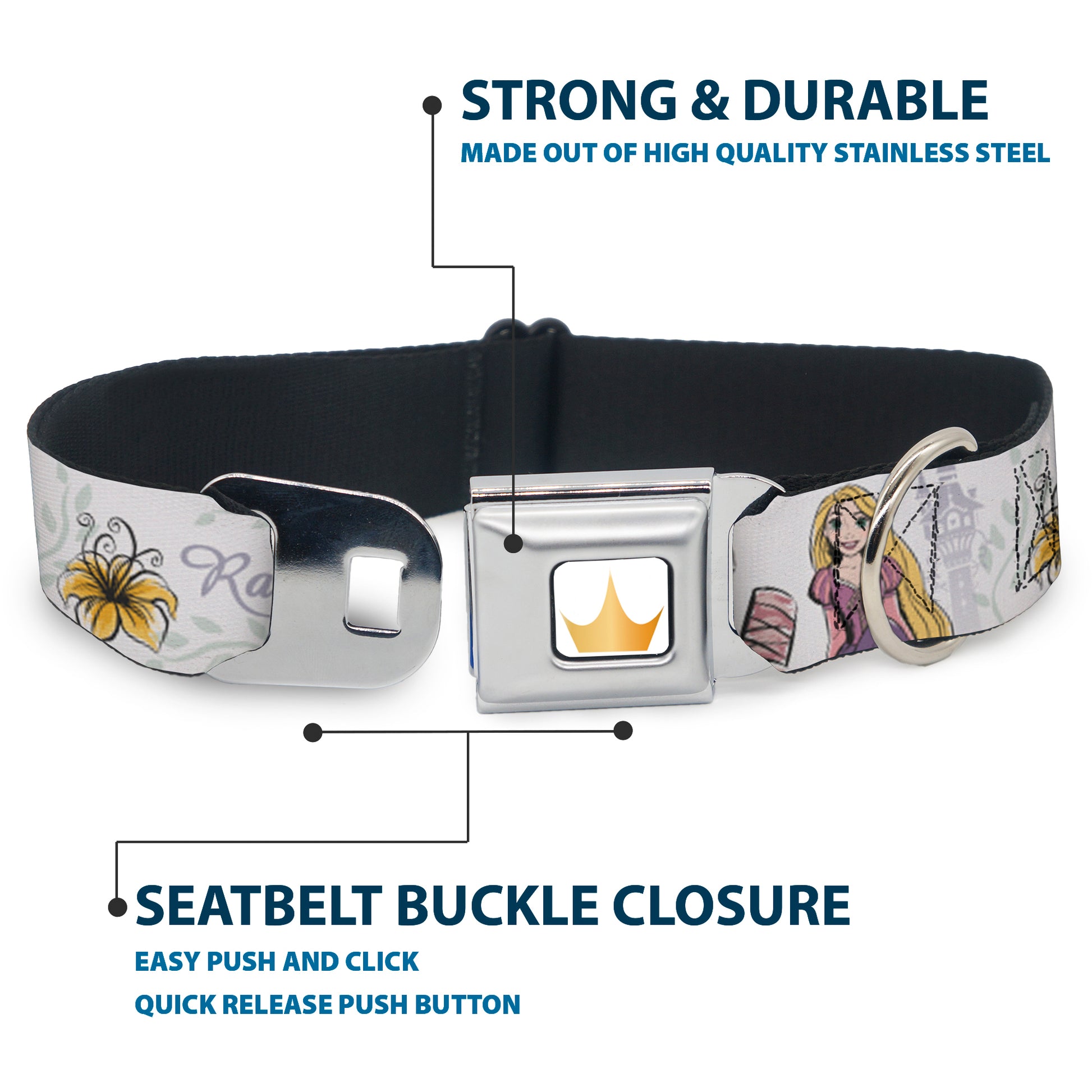 Disney Princess Crown Full Color Golds Seatbelt Buckle Collar - Rapunzel Castle and Pascual Pose with Script and Flowers White/Purples Seatbelt Buckle Collars Disney