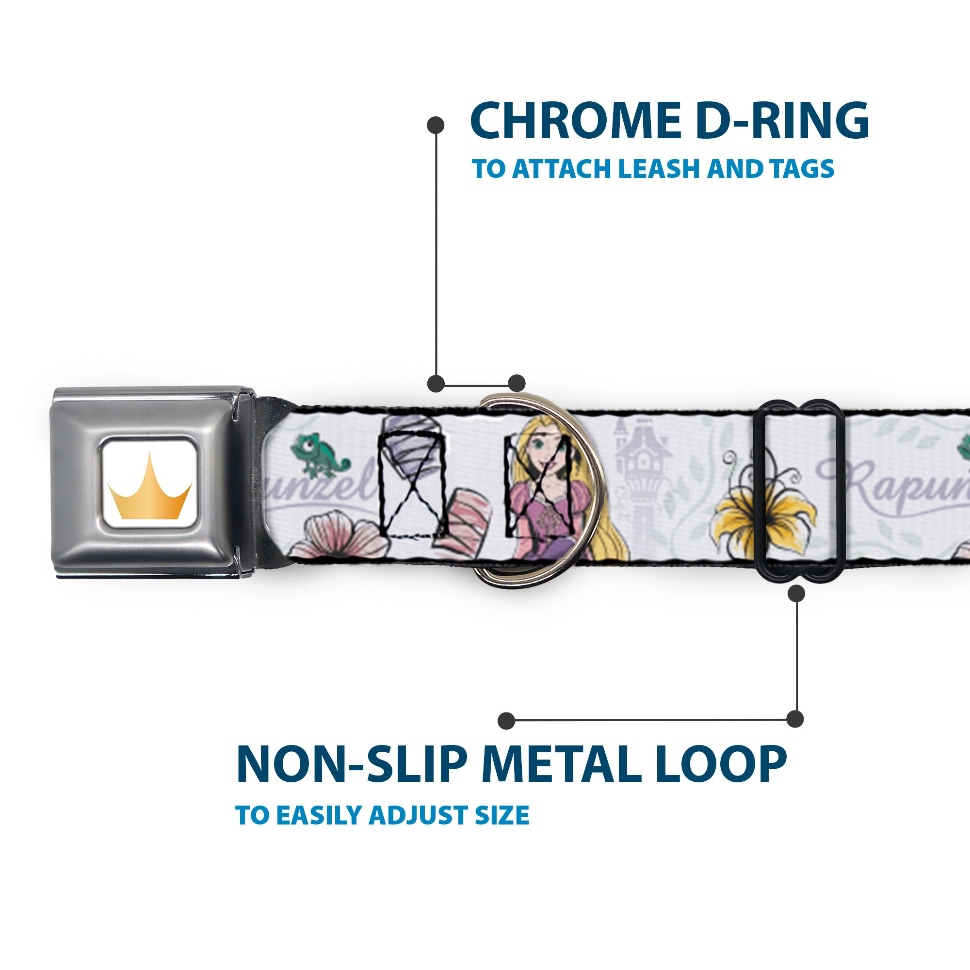 Disney Princess Crown Full Color Golds Seatbelt Buckle Collar - Rapunzel Castle and Pascual Pose with Script and Flowers White/Purples Seatbelt Buckle Collars Disney