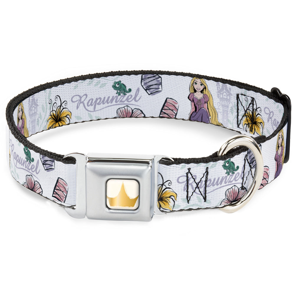 Disney Princess Crown Full Color Golds Seatbelt Buckle Collar - Rapunzel Castle and Pascual Pose with Script and Flowers White/Purples Seatbelt Buckle Collars Disney