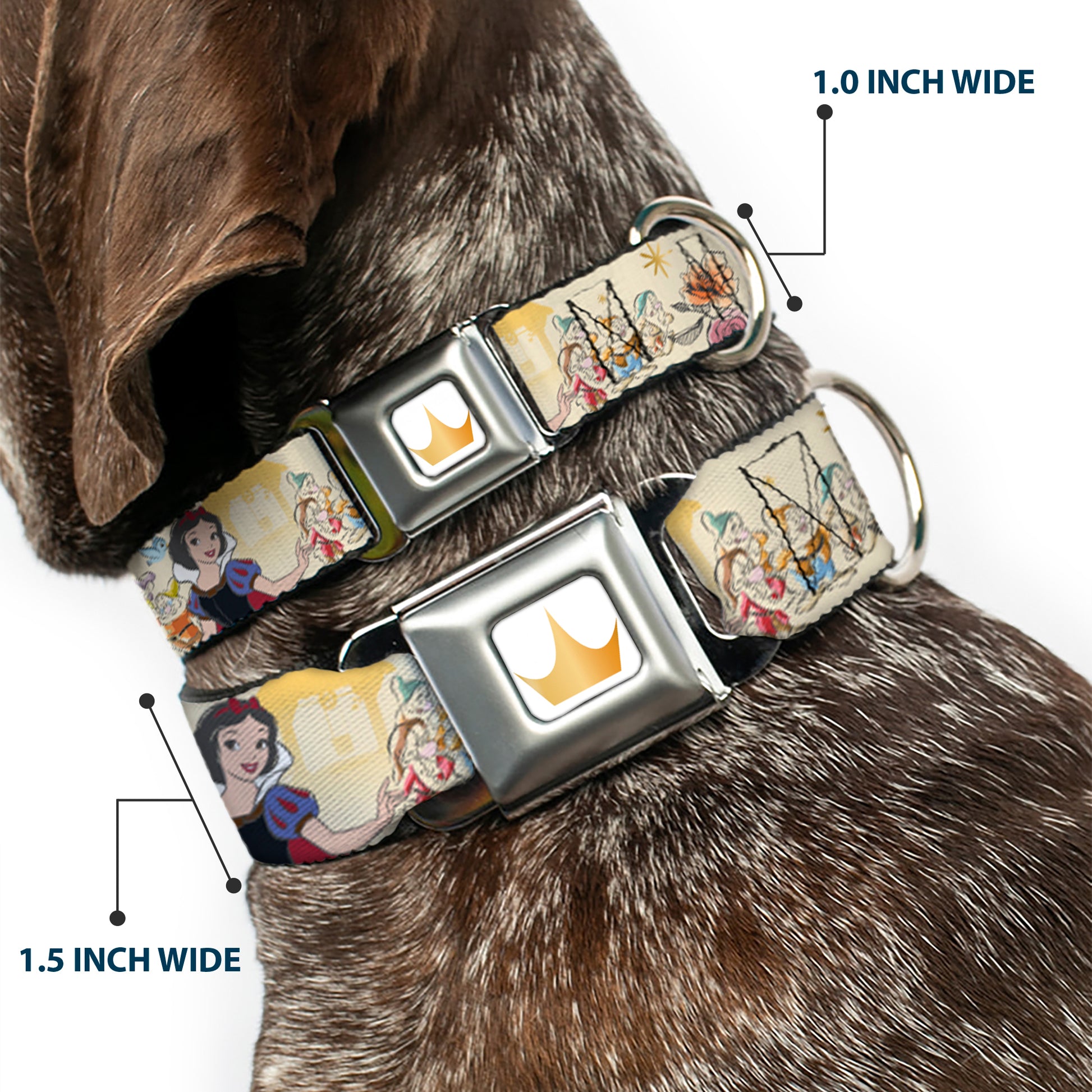 Disney Princess Crown Full Color Golds Seatbelt Buckle Collar - Snow White and the Seven Dwarfs with Script and Flowers Yellows Seatbelt Buckle Collars Disney